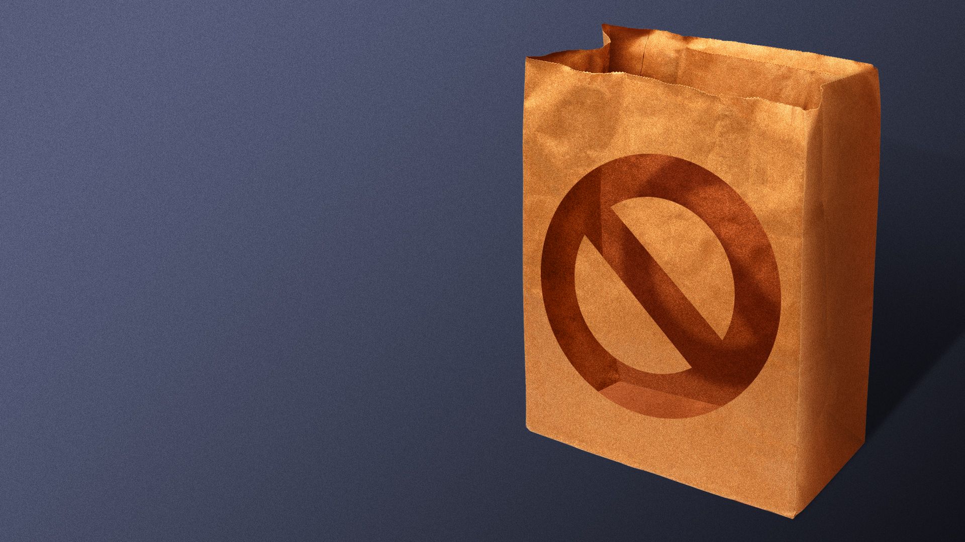 Illustration of a no symbol cut out of the front of a paper grocery bag.