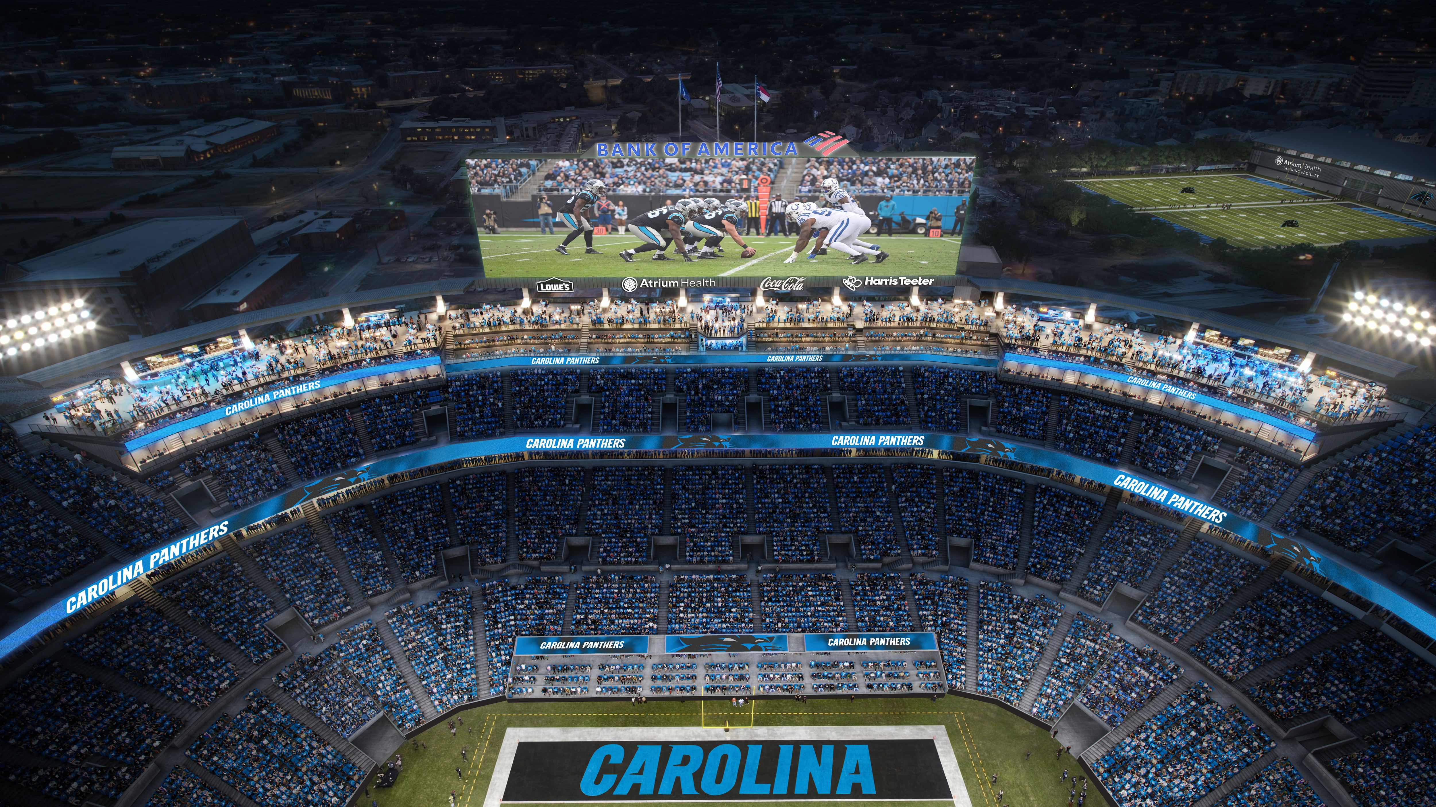 Night aerial view of a football stadium with a large video screen showing a Panthers game. Bank of America signage above; blue Carolina Panthers banners line the stands, crowded with floodlights.