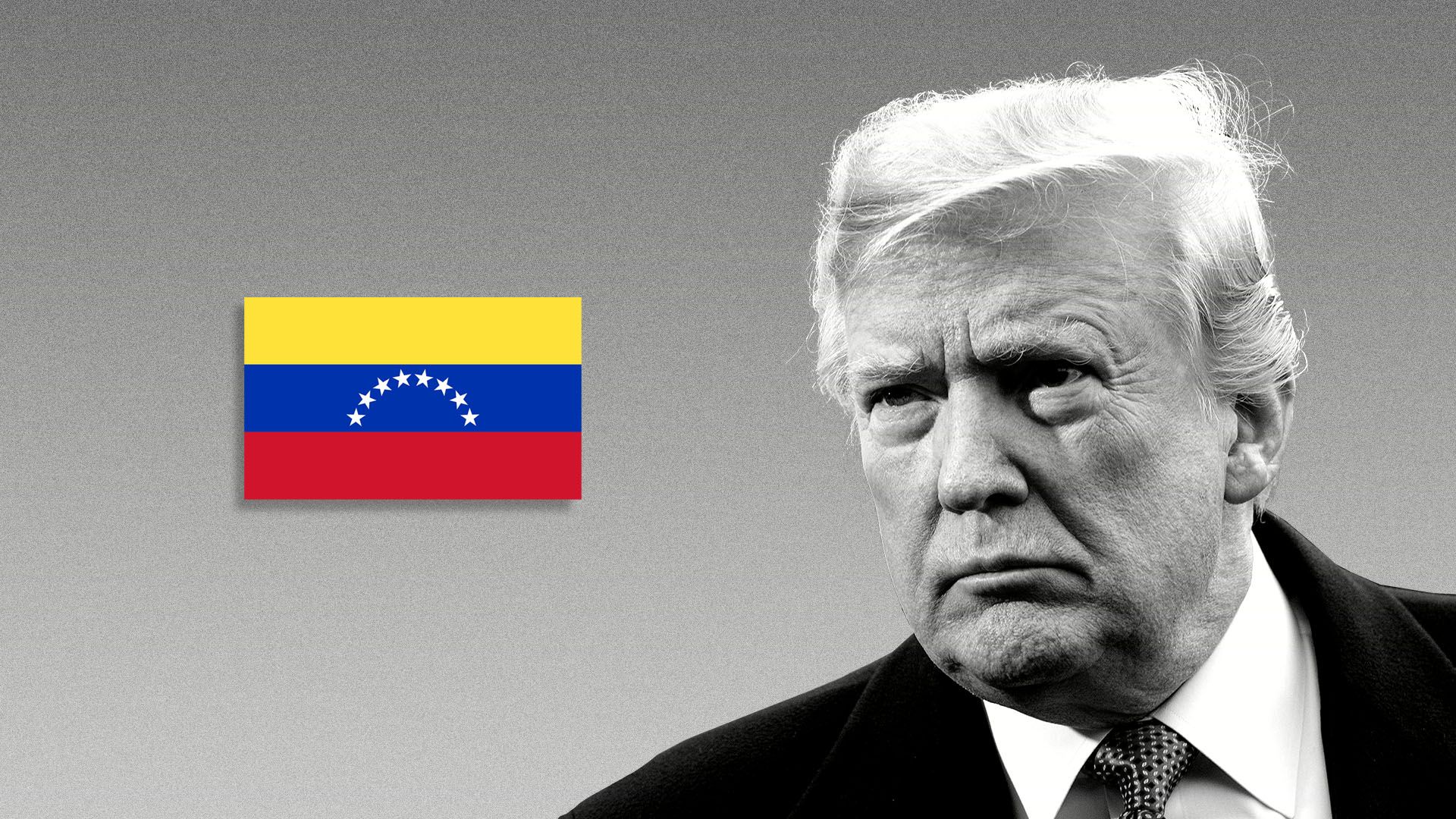 Illustration of large President Trump staring at Venezuelan flag