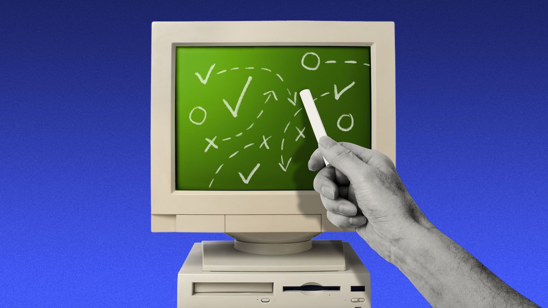 Illustration of a computer with a game strategy set up on the screen as if it were a coach's chalkboard