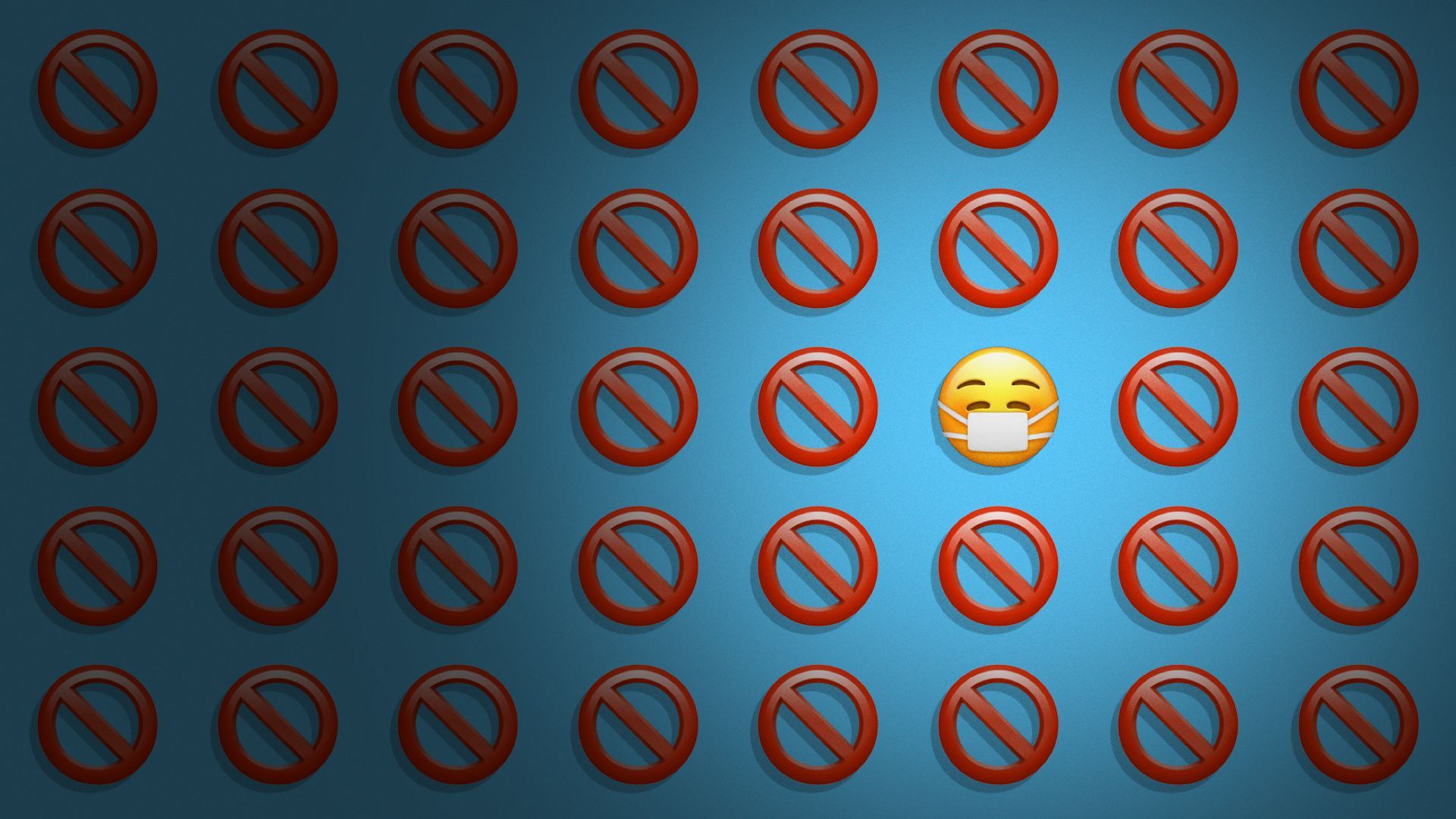 The circle with a slash emoji repeated on a blue background, with one mask emoji illuminated off-center.
