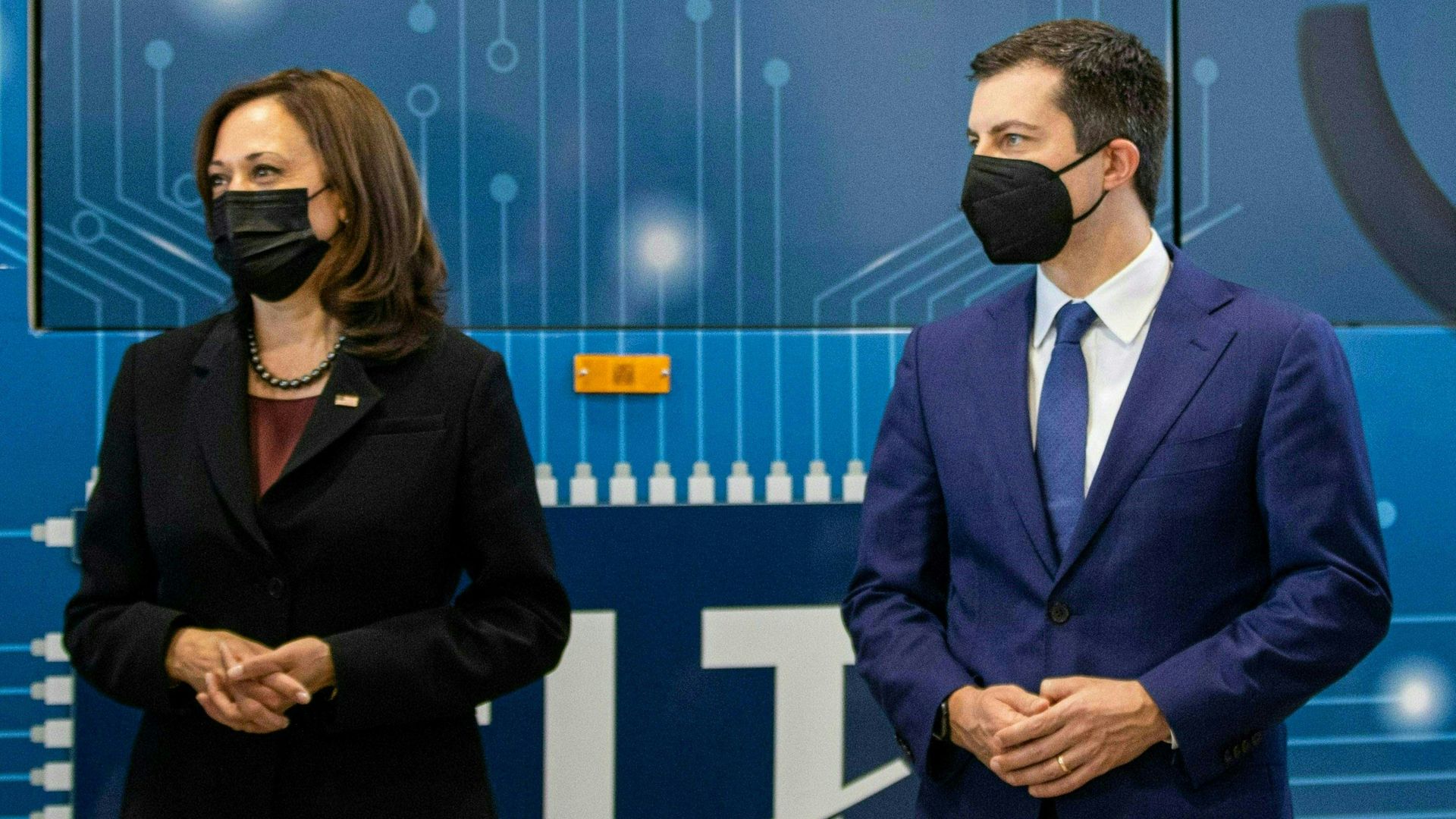 Vice President Kamala Harris and Transportation Secretary Pete Buttigieg are seen at an event Thursday in Charlotte, N.C.