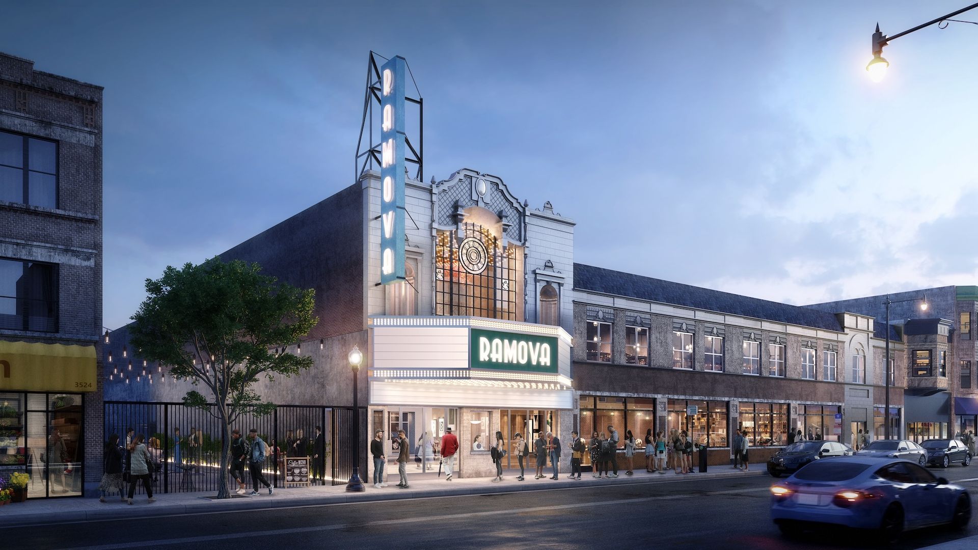 Rendering of the Ramova Theare with a lighted marquee. 