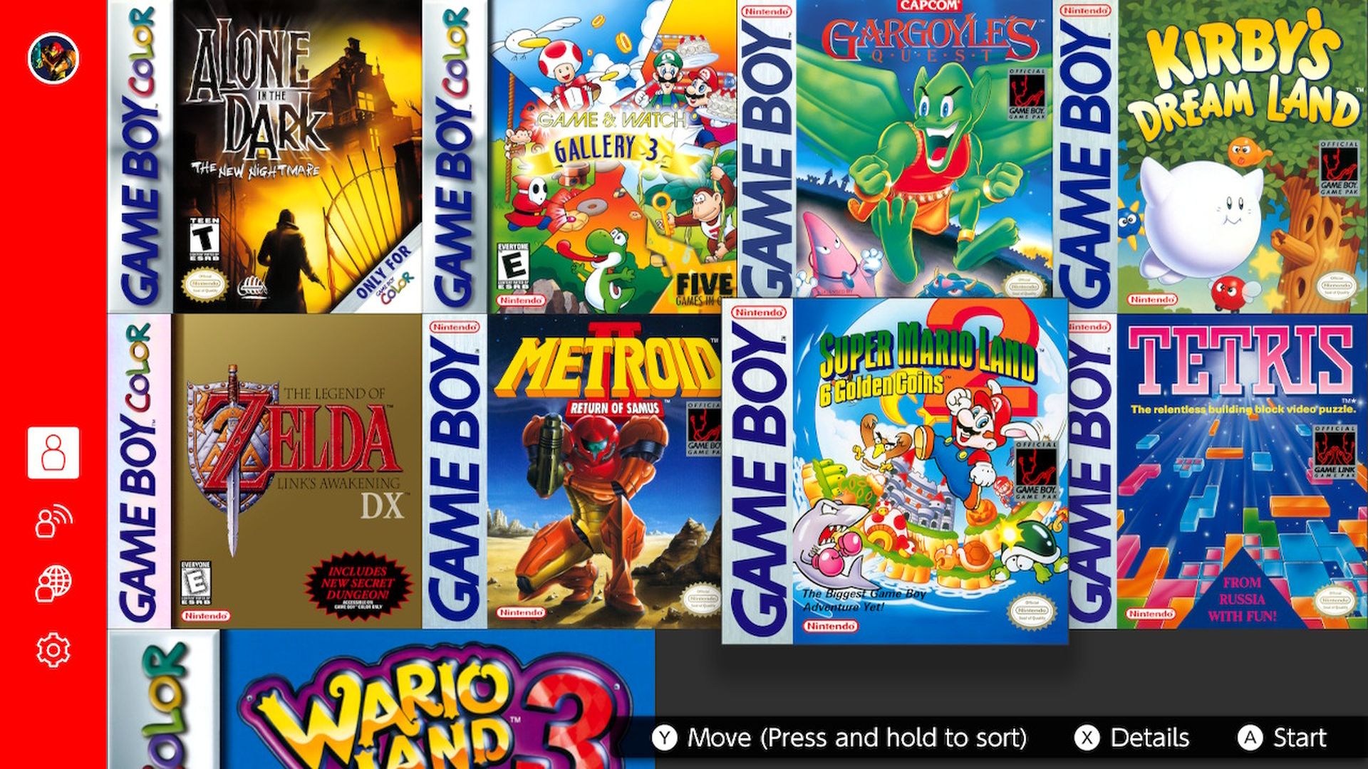 Screenshot of box art for Game Boy games displayed on a Nintendo Switch screen