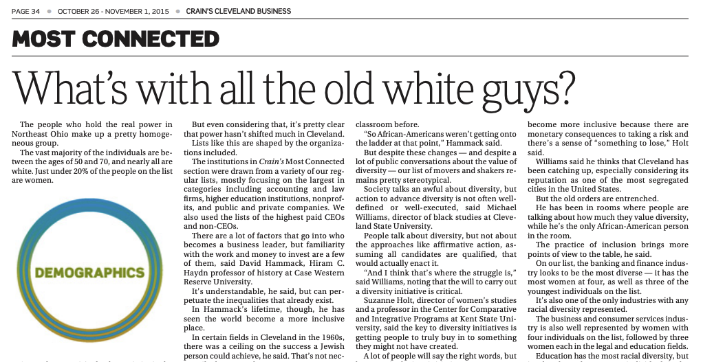 Screenshot of Crain's Cleveland Business, 2015, with headline, "What's with all the old white guys?"