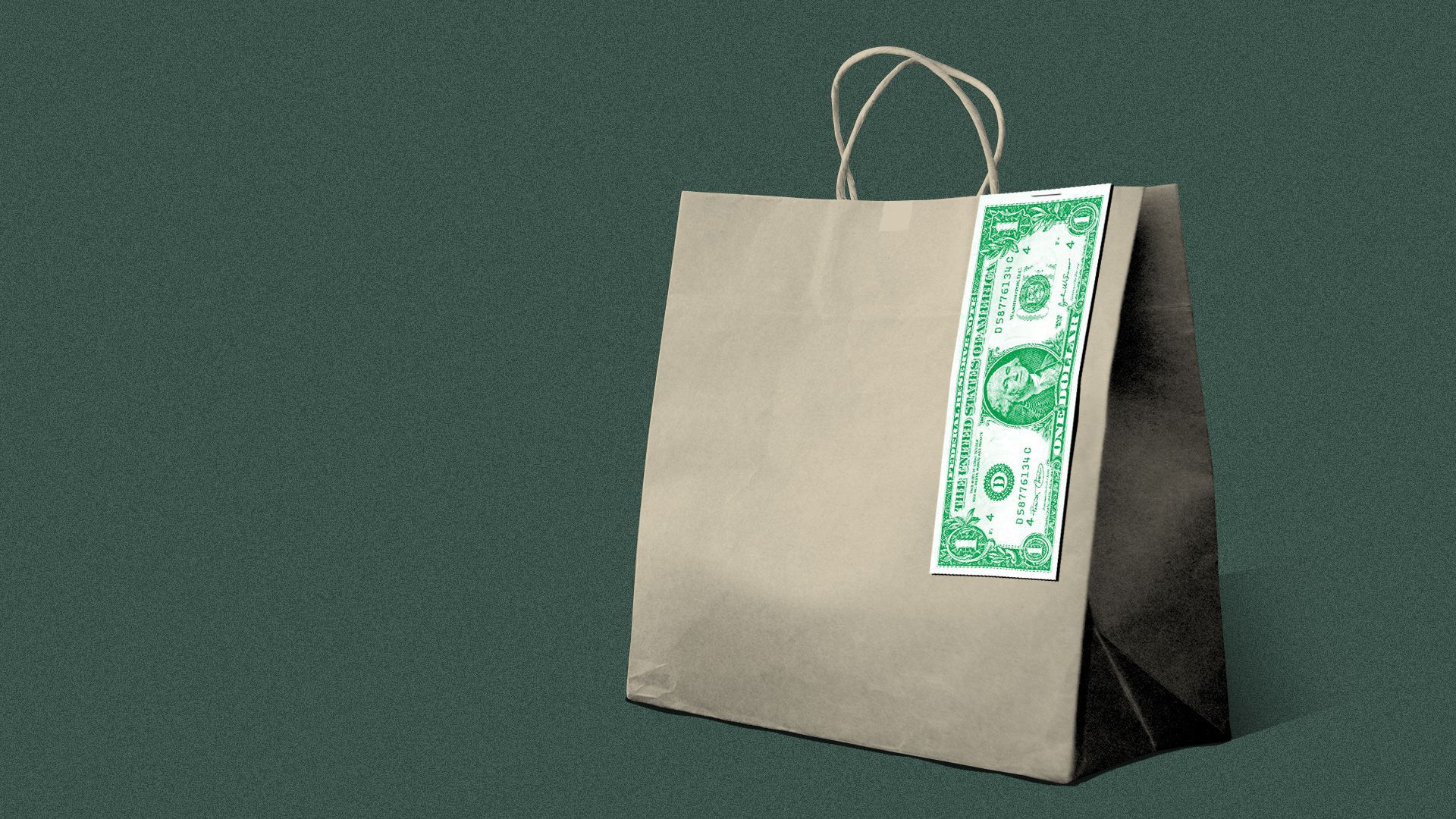 A brown bag with a dollar bill on the outside