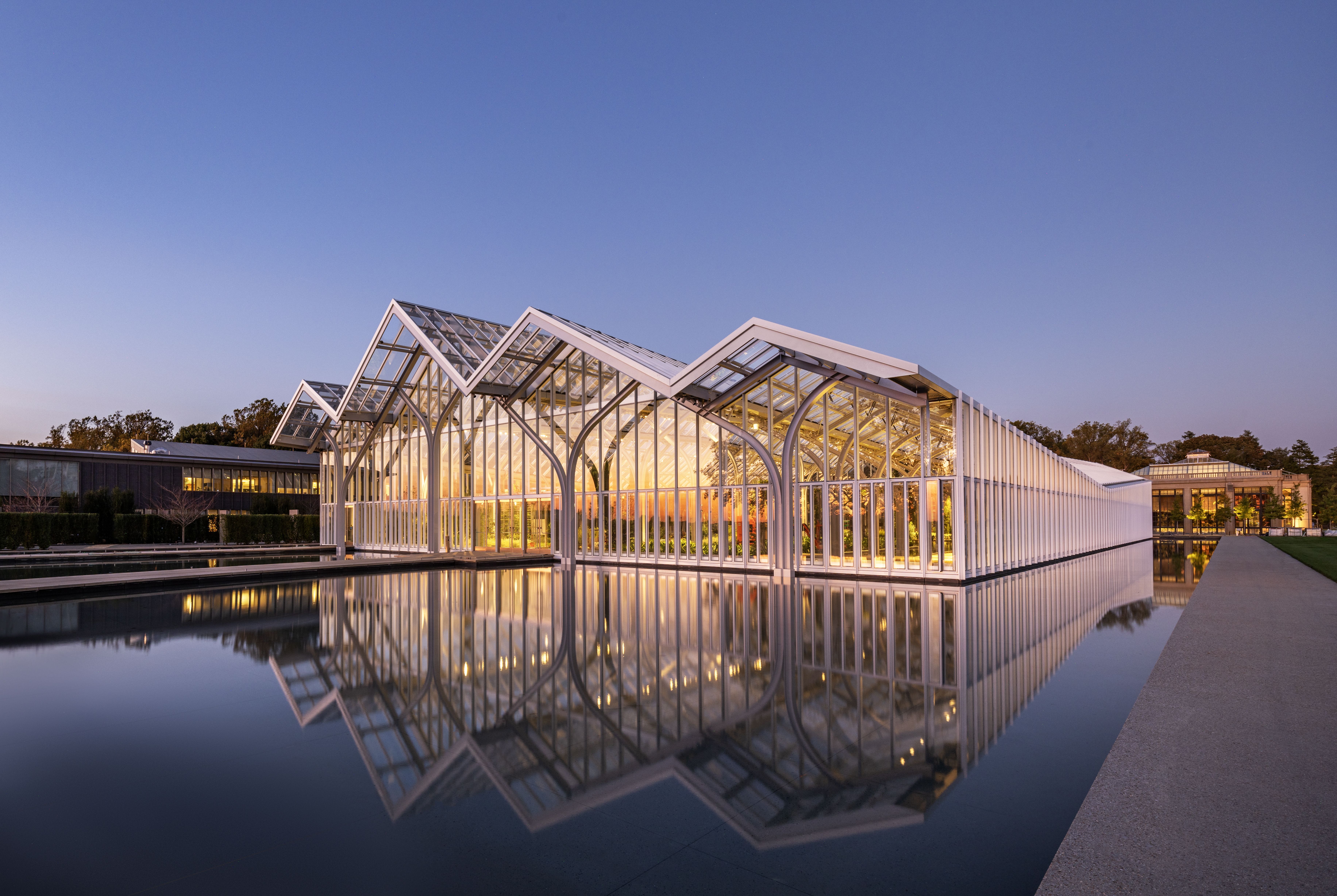 An exterior view of the West Conservatory at Longwood Gardens