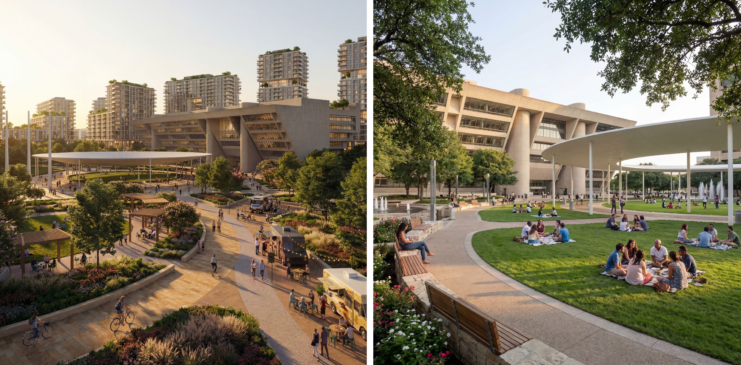 Two renderings of walkways in front of Dallas City Hall, with people sitting in the grassy areas