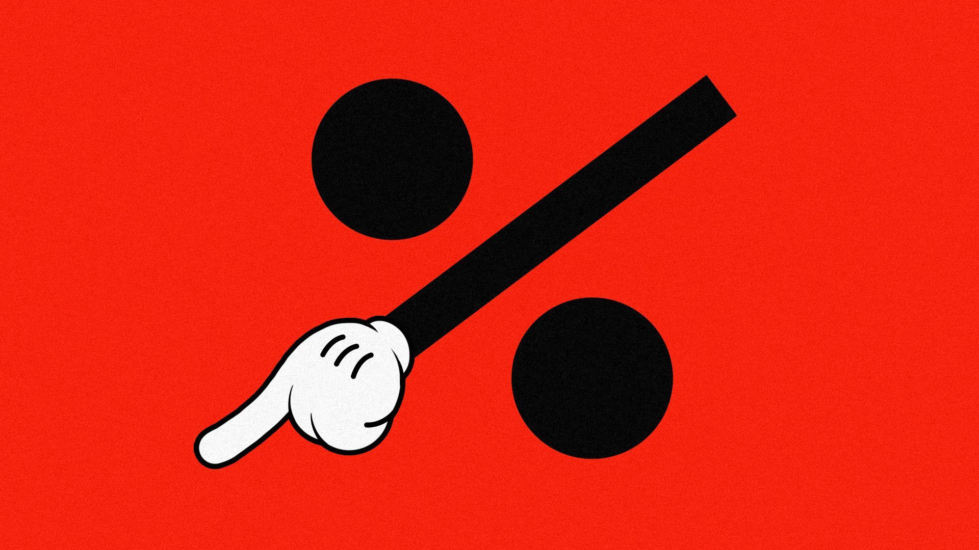 Illustration of a percentage sign with a  Mickey Mouse-like hand pointing downward at one end