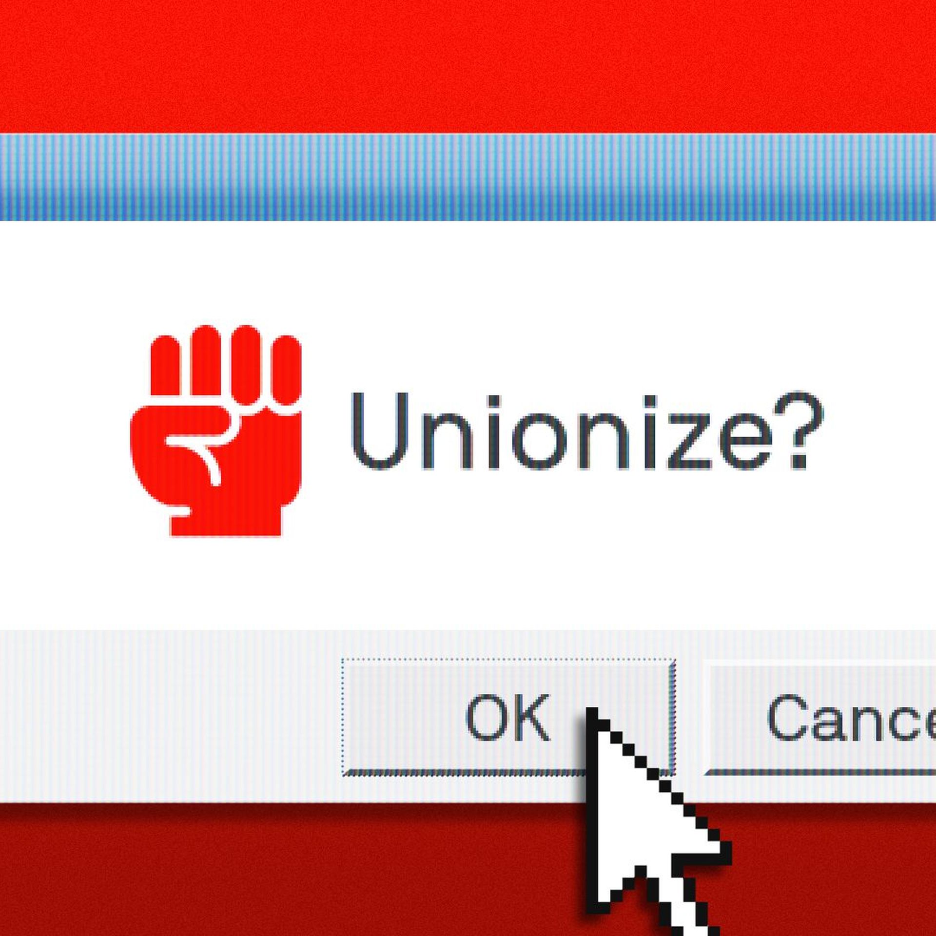 Illustration of a dialogue box that reads "unionize" with a cursor aiming for the ok button