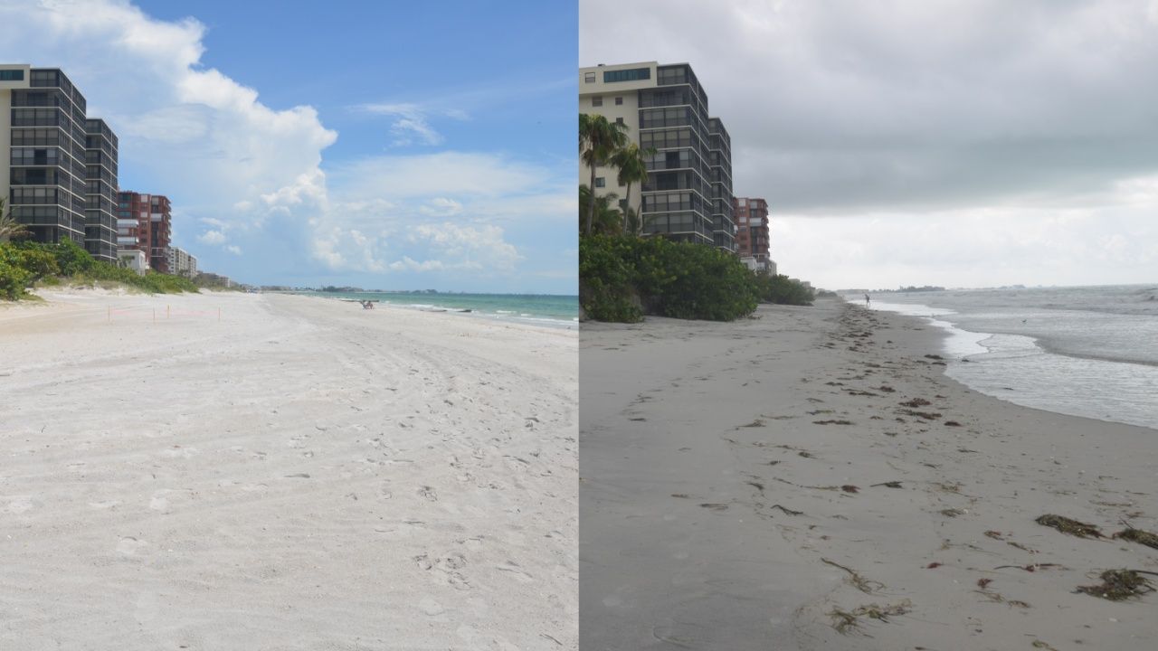 A composite of the same stretch of beach before and after a hurricane. On the left, the beach has a wide shore of white sand. On the right, the strip of sand is much narrower.