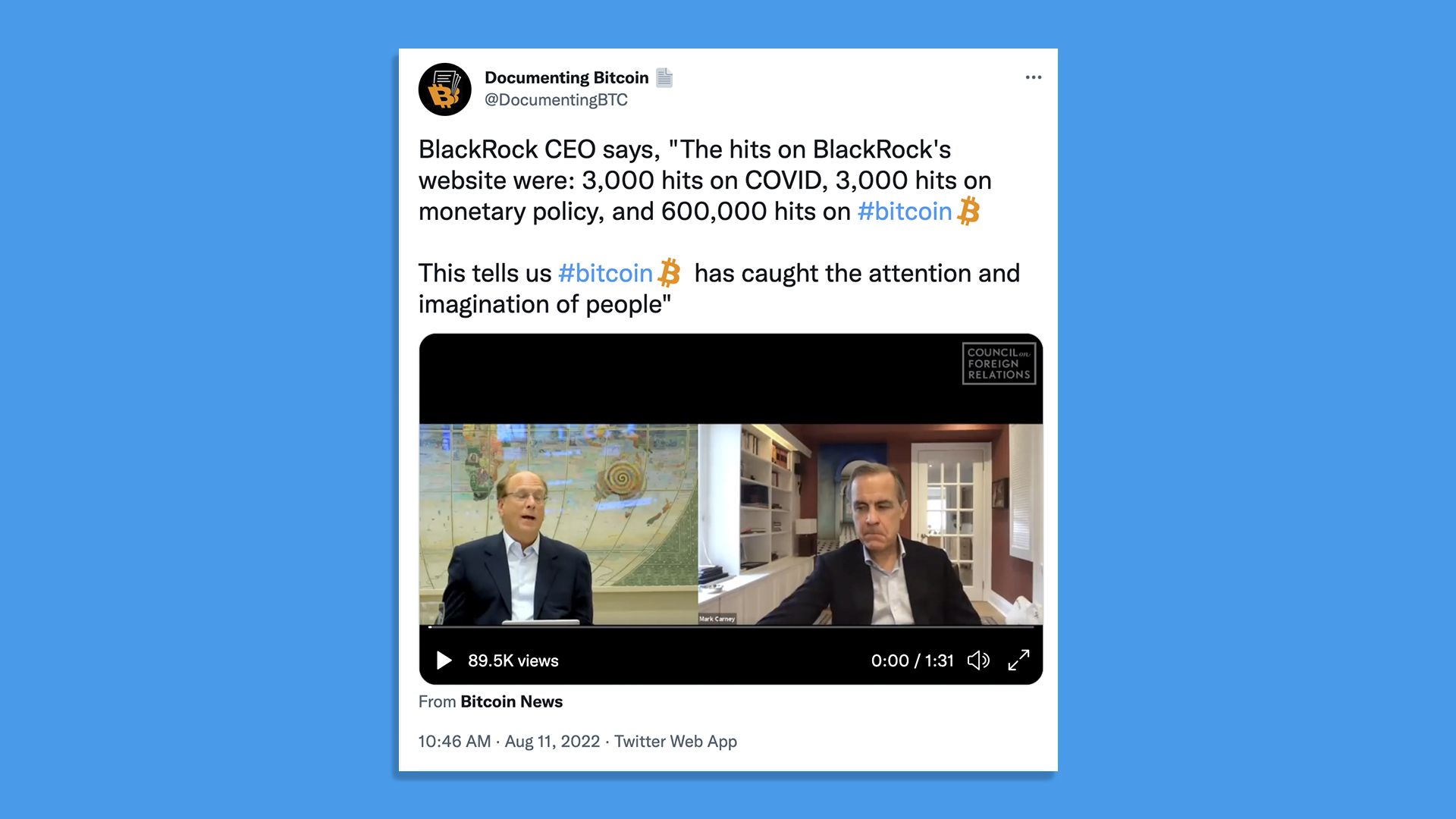 Tweet saying "BlackRock CEO says "The hits on BlackRock's website were: 3,000 hits on Covid... 600,000 hits on bitcoin.
