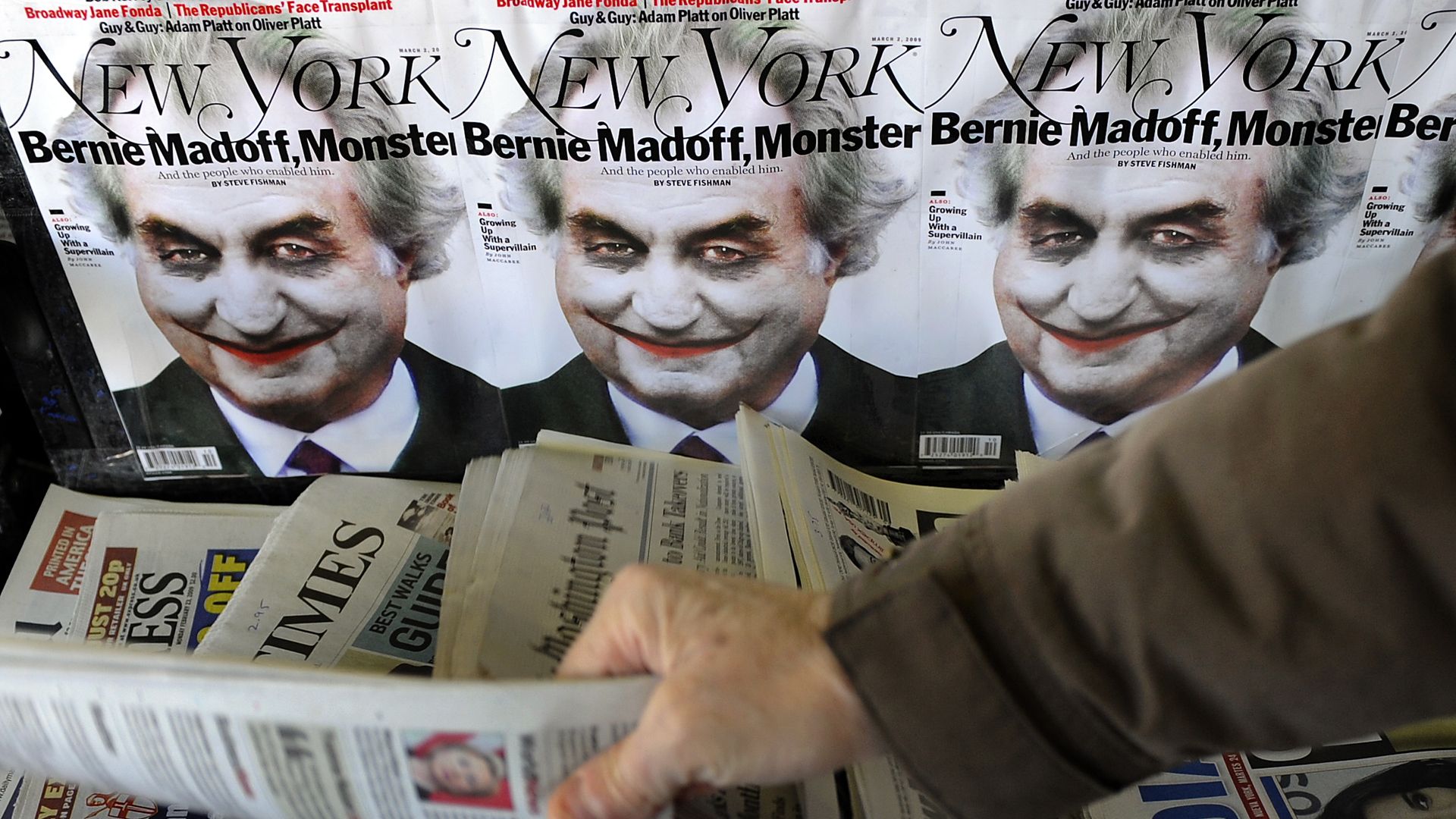 An illustration of Bernard Madoff portrayed as the 'Joker' from Batman on the cover of New York Magazine.