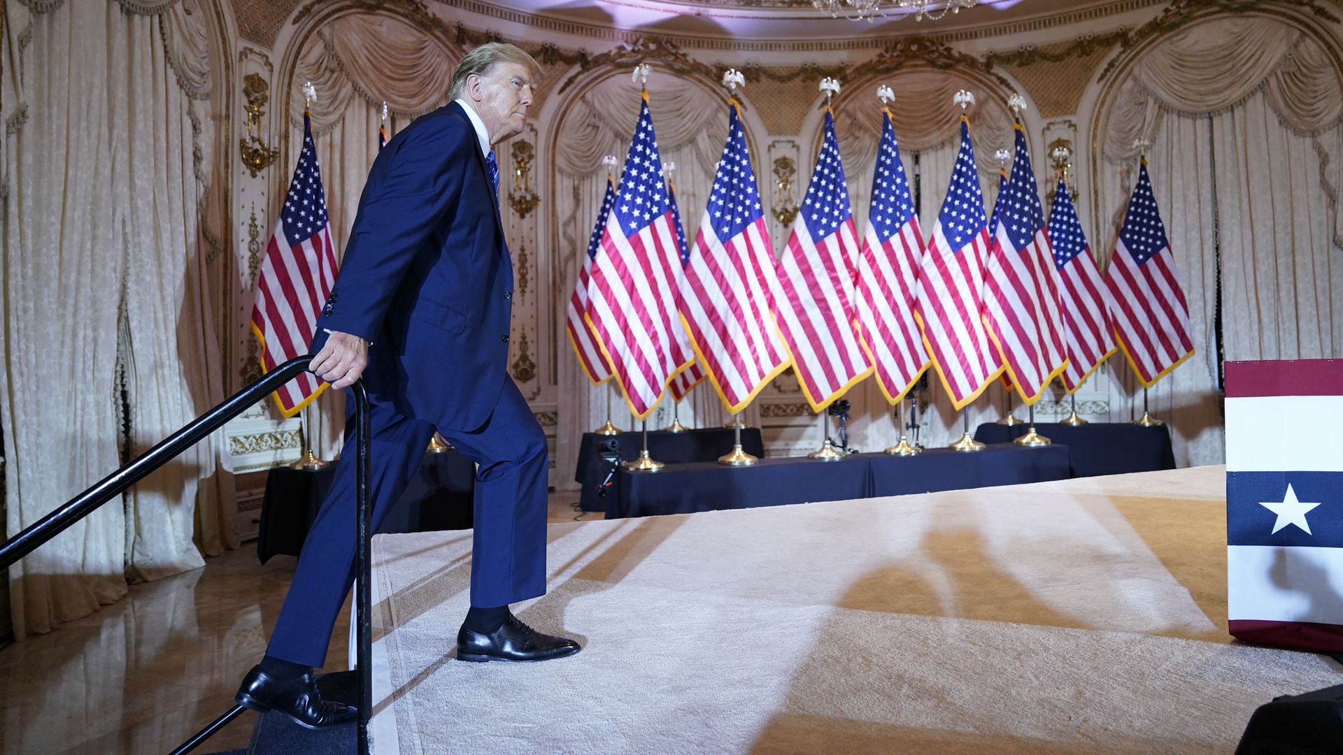 Republican presidential candidate former President Donald Trump takes the stage to speak at a Super Tuesday election night party on Tuesday, March 5, 2024 at Mar-a-Lago in Palm Beach, Fla.