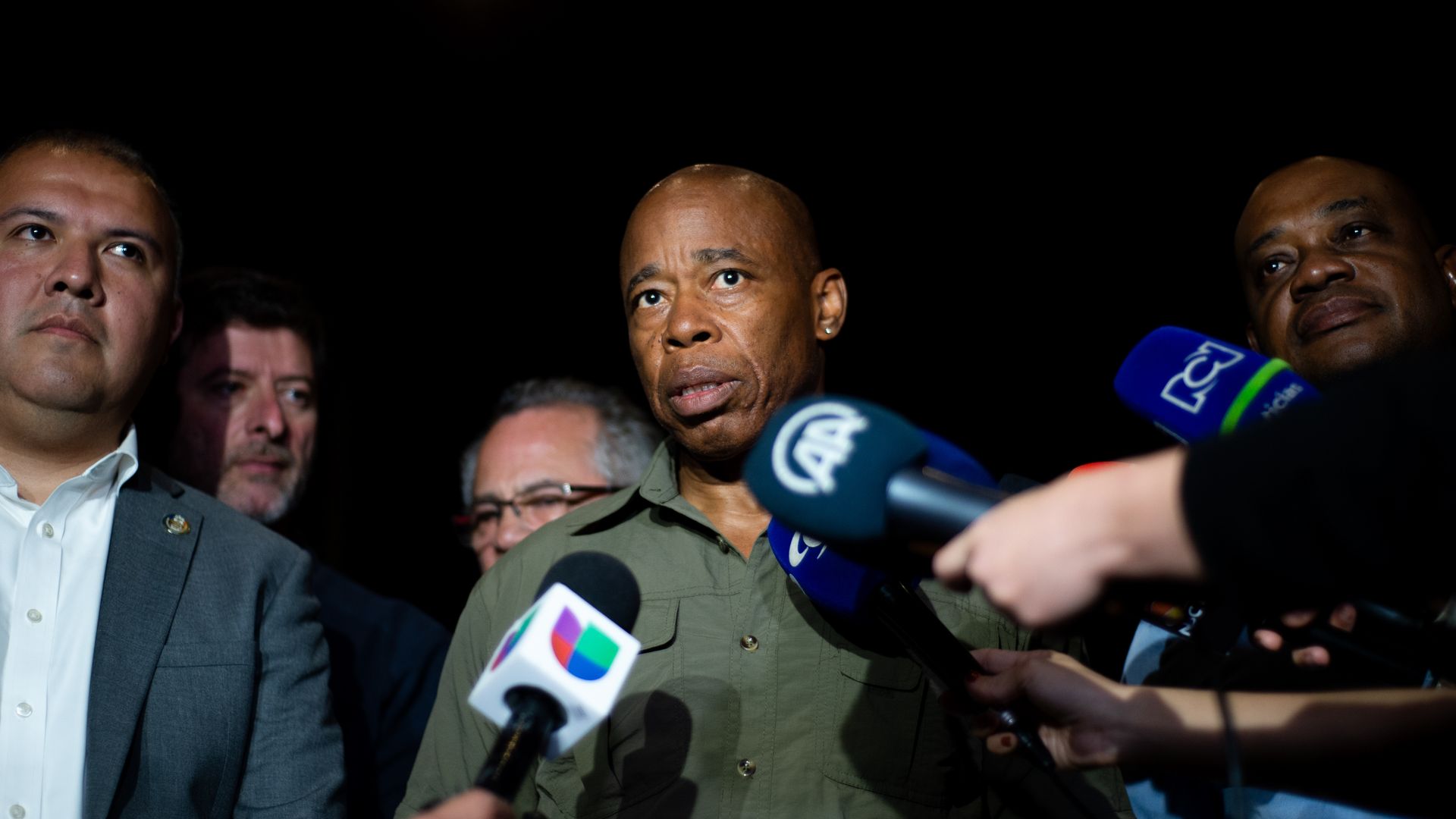 New York City Mayor Eric Adams speaking in Bogota, Colombia, on Oct. 7.
