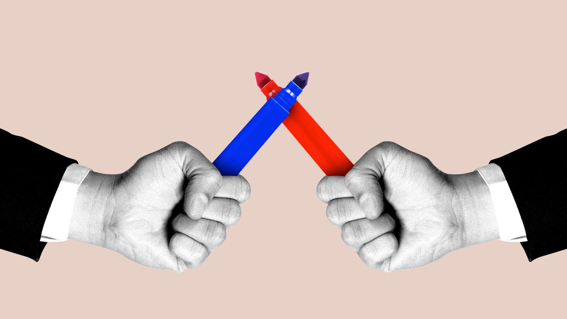 Illustration of two hands holding markers like crossed swords, one marker is red one marker is blue. 