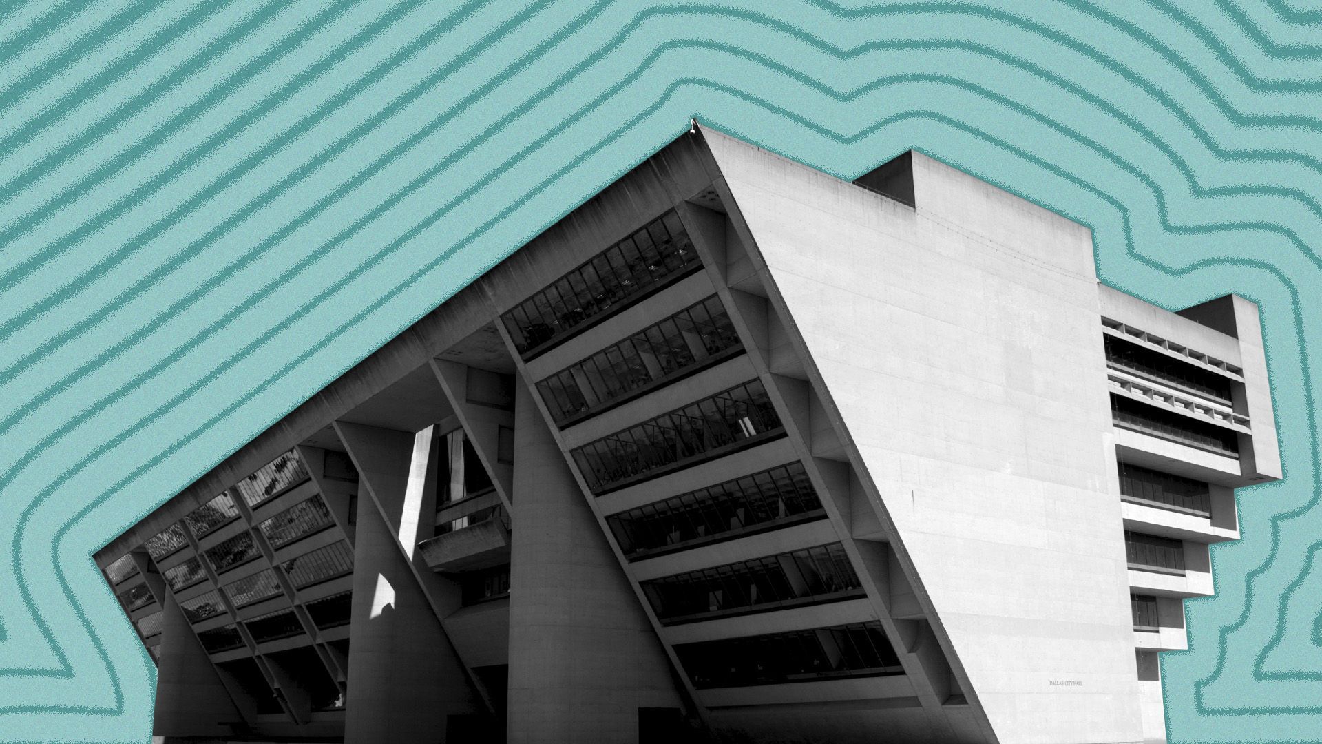 Illustration of Dallas City Hall with lines radiating from it.