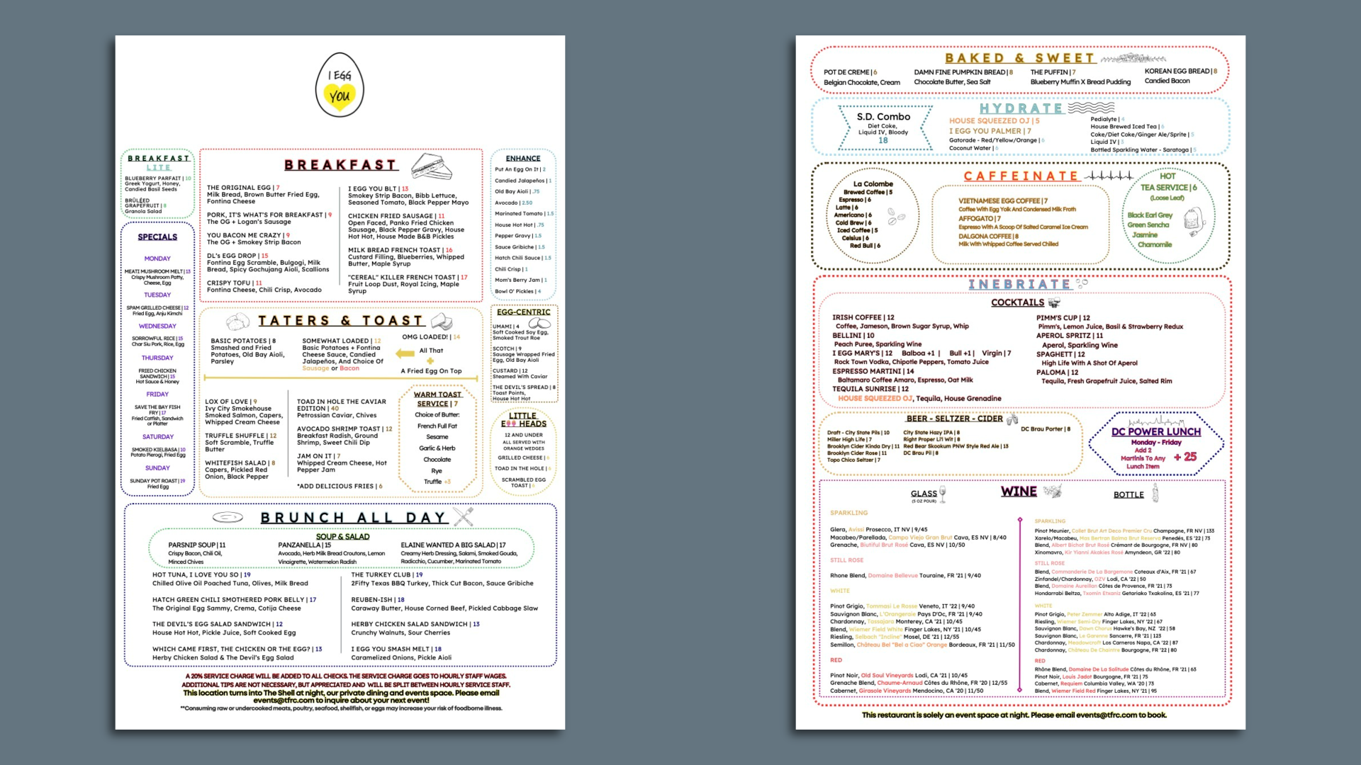 Two I Egg You menus side by side.