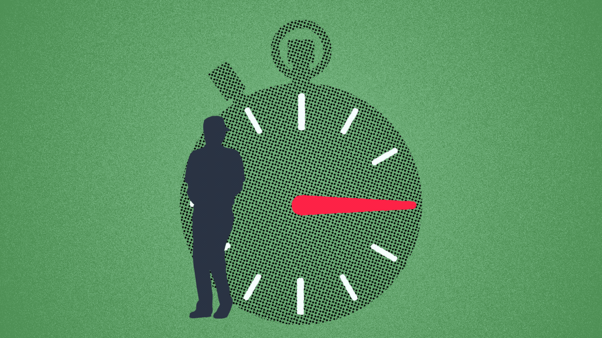 Illustration of a pitcher delivering a pitch with a stopwatch counting down in the background