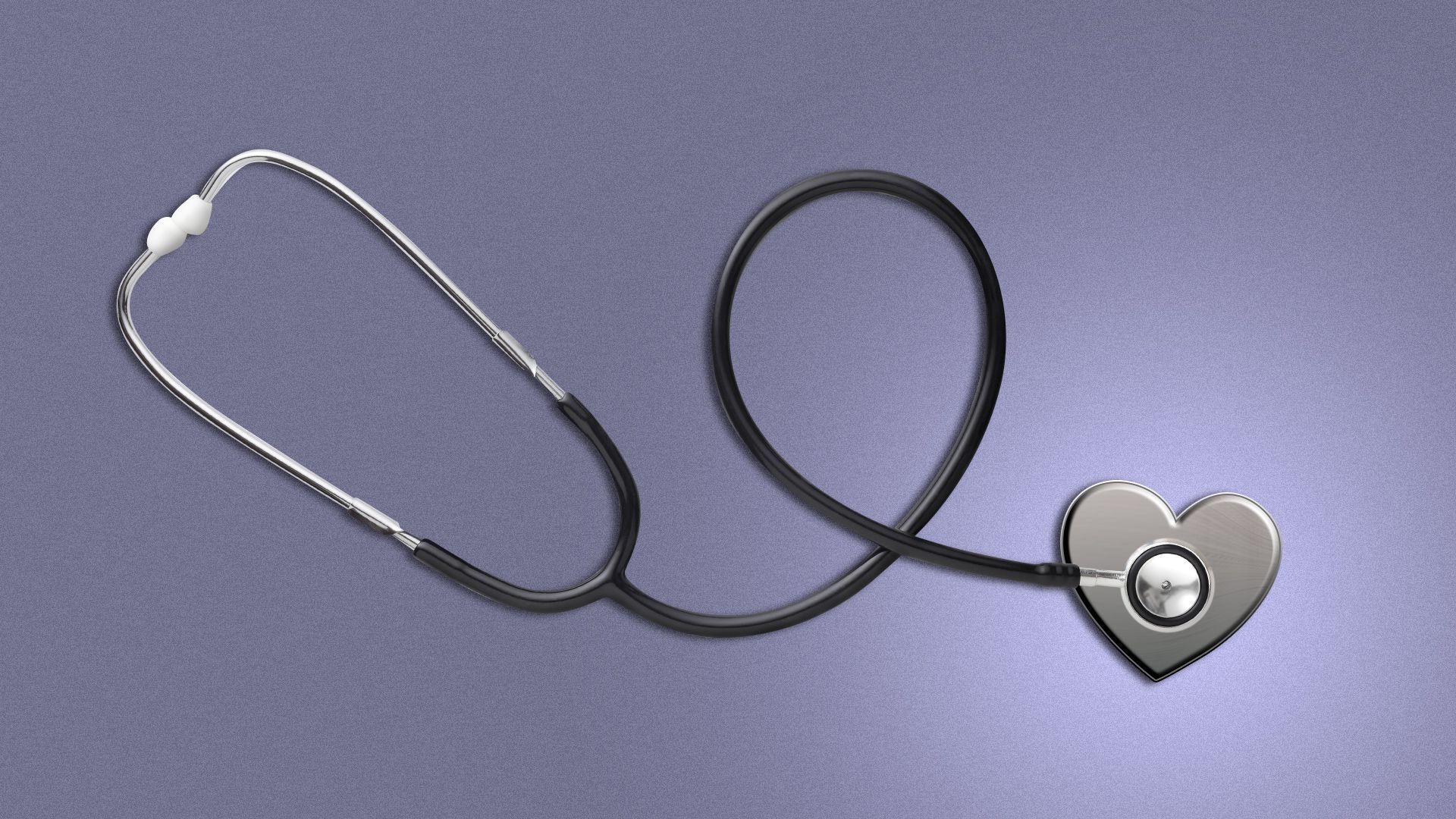 Illustration of a stethoscope with a heart as the bell. 