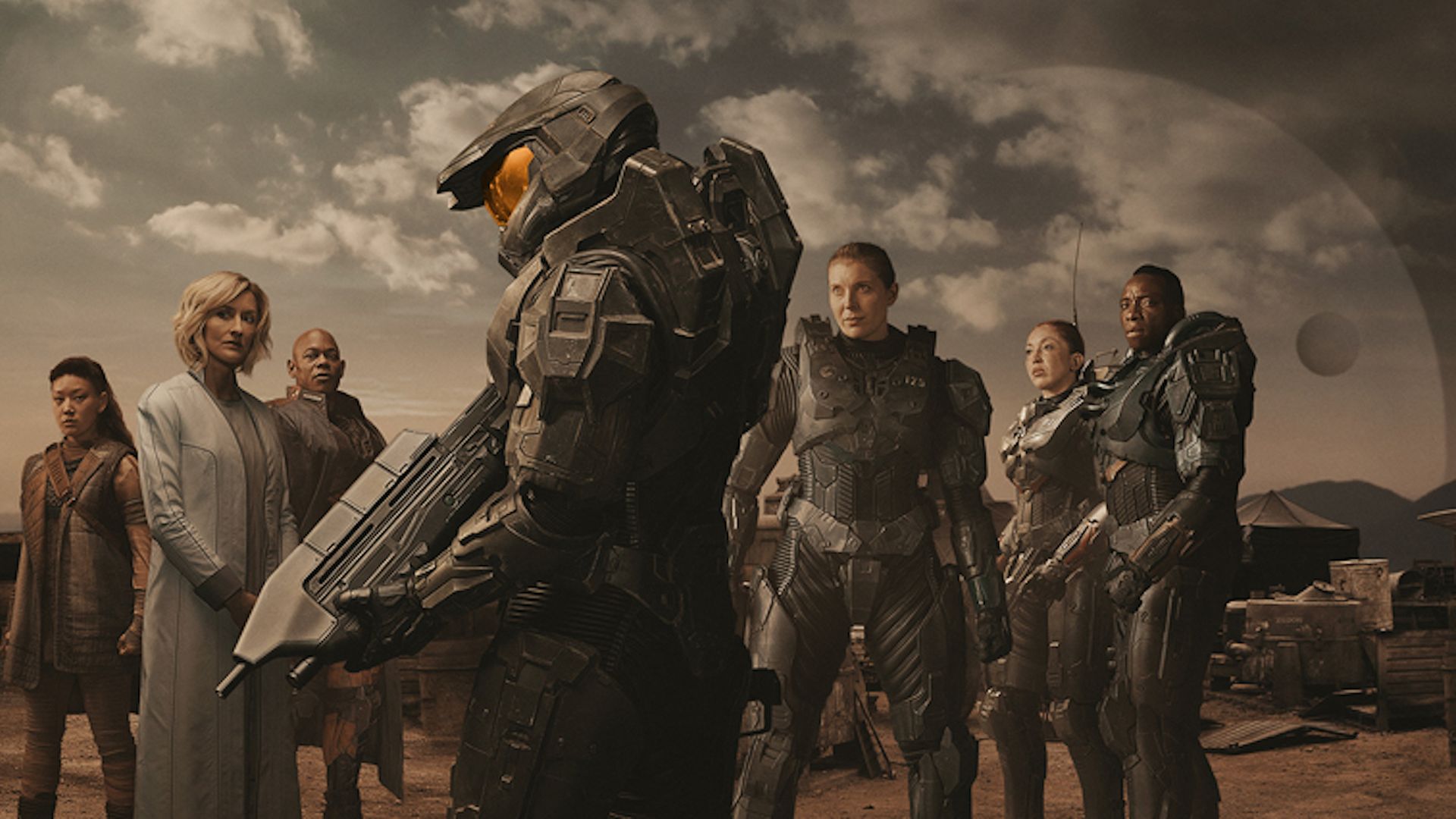 Photo montage of actors in super soldier armor or labcoats