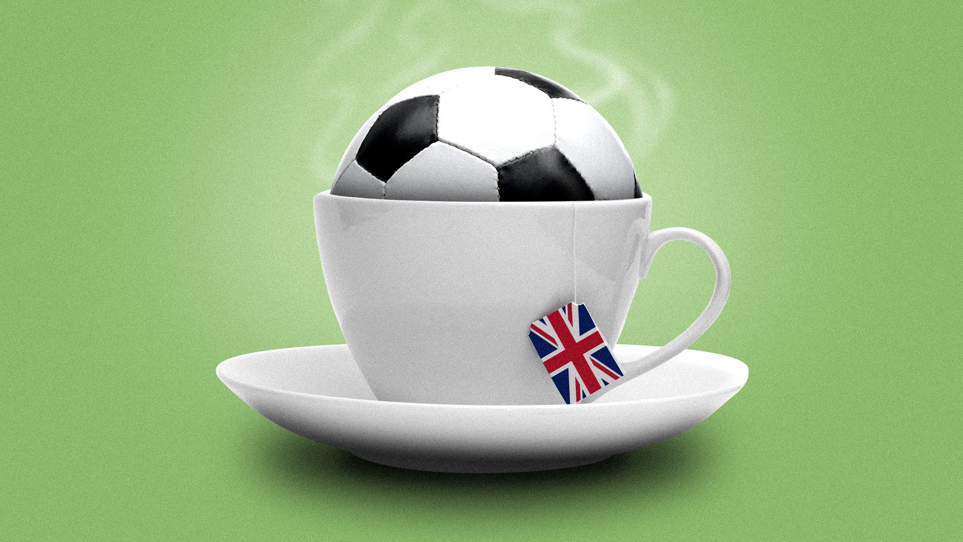 Illustration of a soccer ball sitting in a steaming mug of tea featuring a teabag with the Union Jack flag