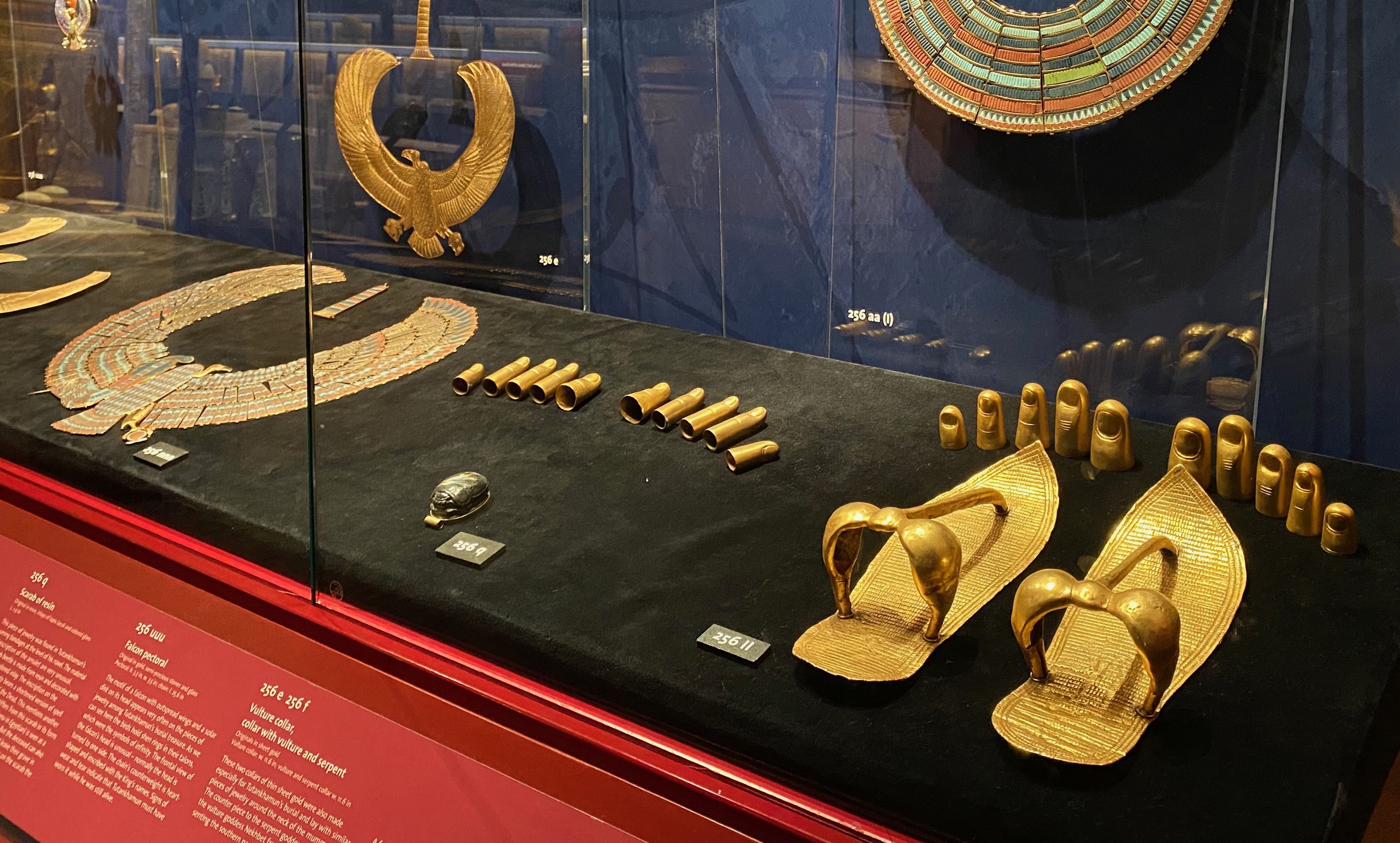 Tutankhamun's gold sandals, collars and finger and toe stalls
