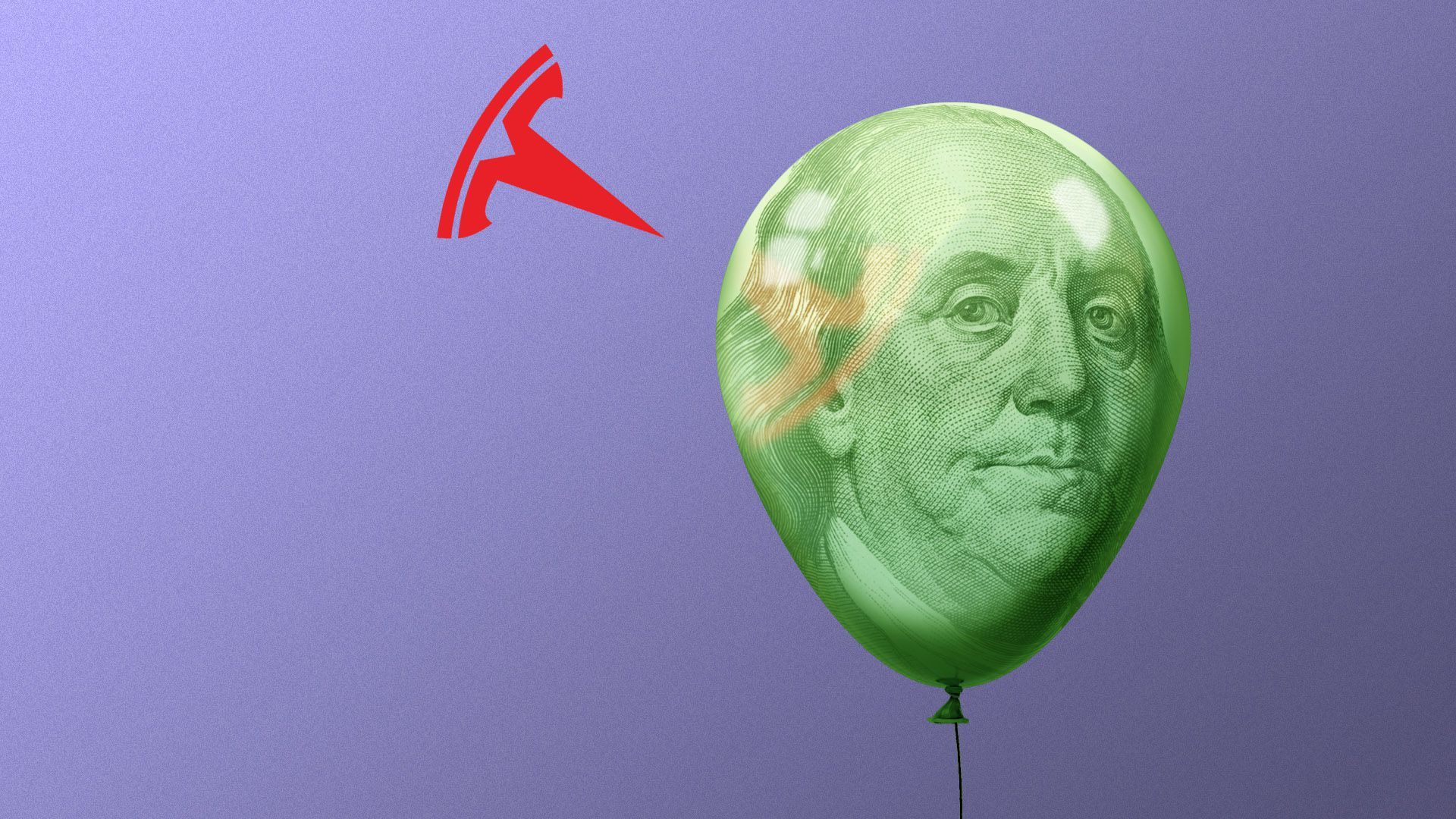 Illustration of the Tesla logo about to pop a balloon with a picture of Benjamin Frankin