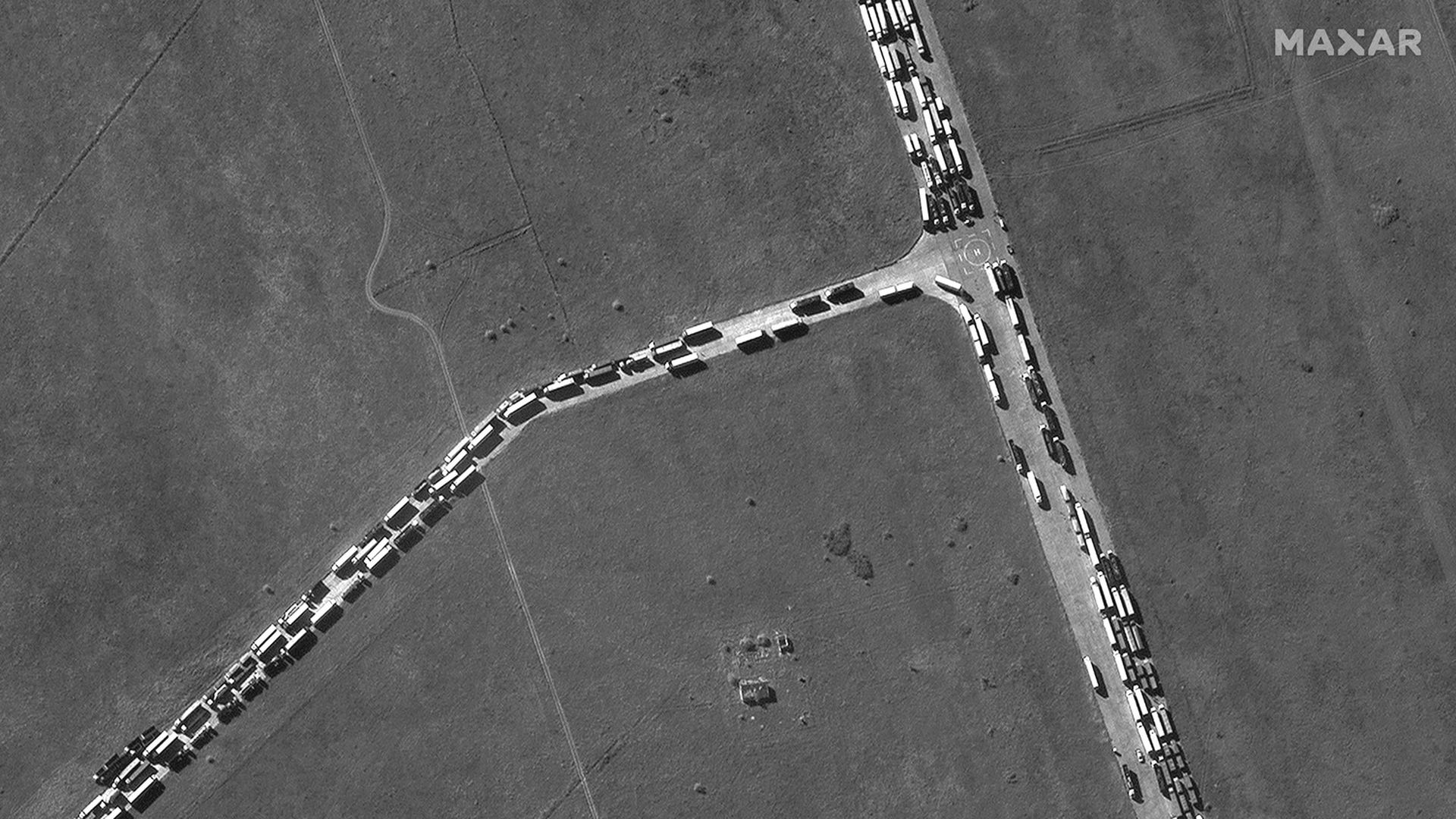 Closer view of cargo trucks waiting in Kerch, Crimea.