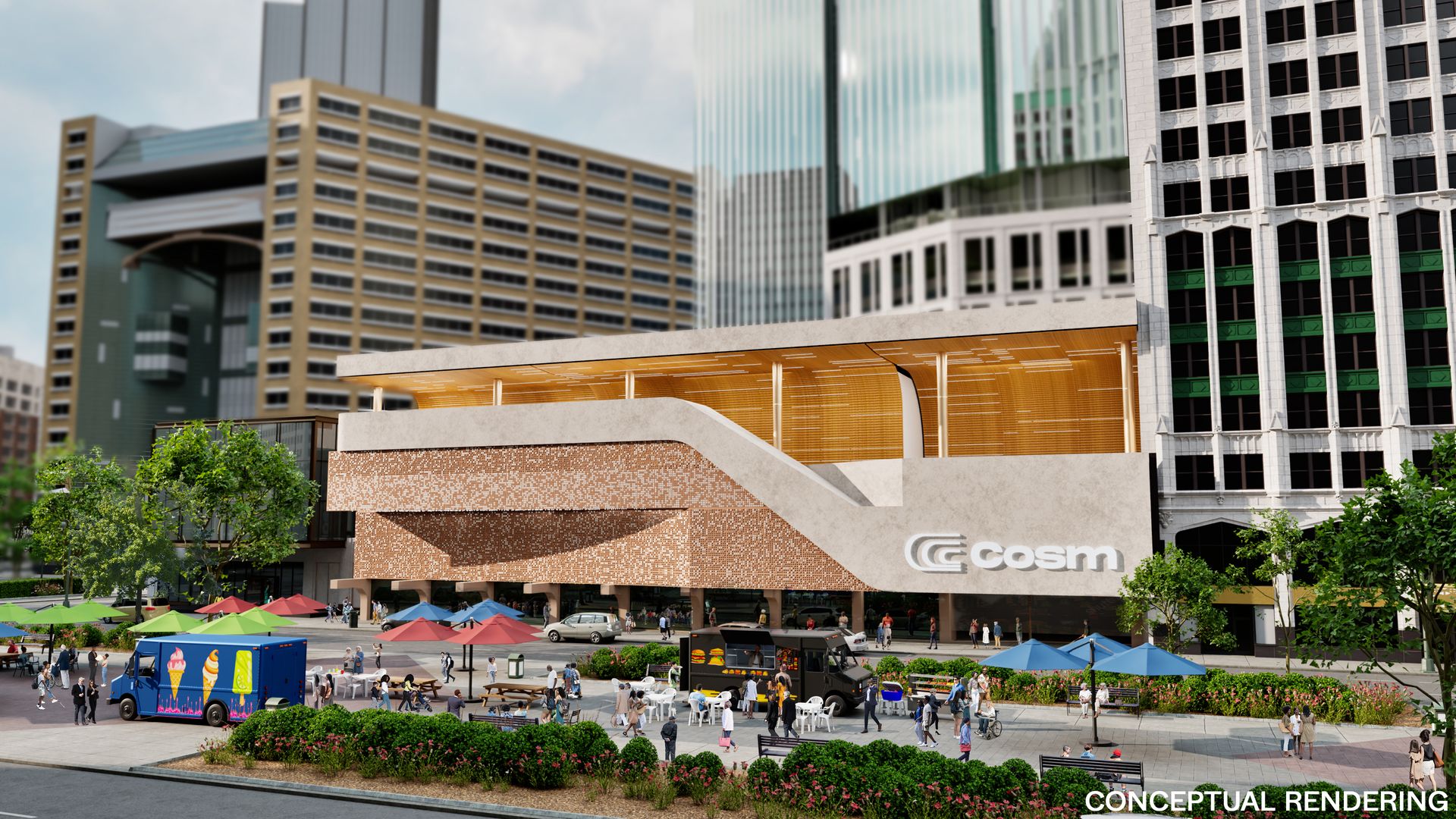 The building in the rendering is rectangular and gold, next to the One Campus Martius building.