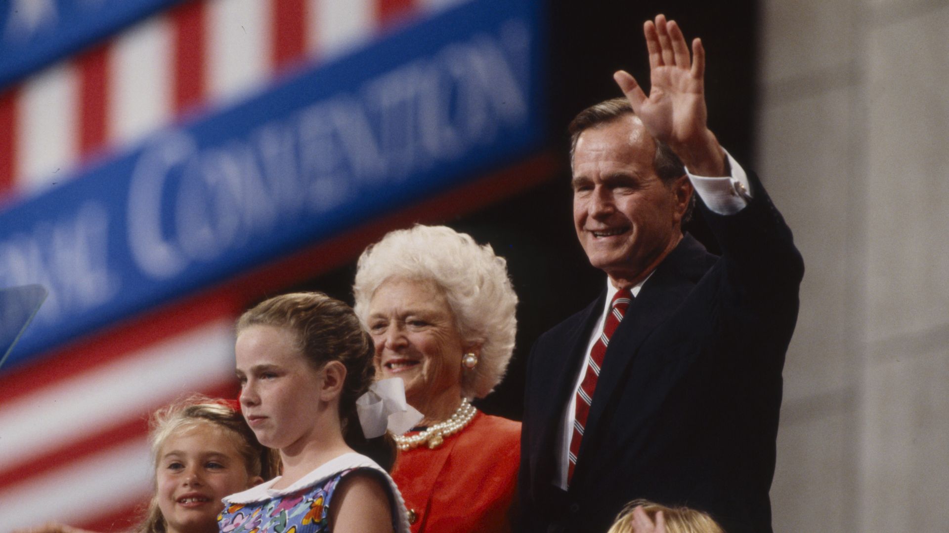 George H.W. Bush, flanked by Barbara Bush and young family members, waves to the crowd at the 1992 GOP convention in Houston