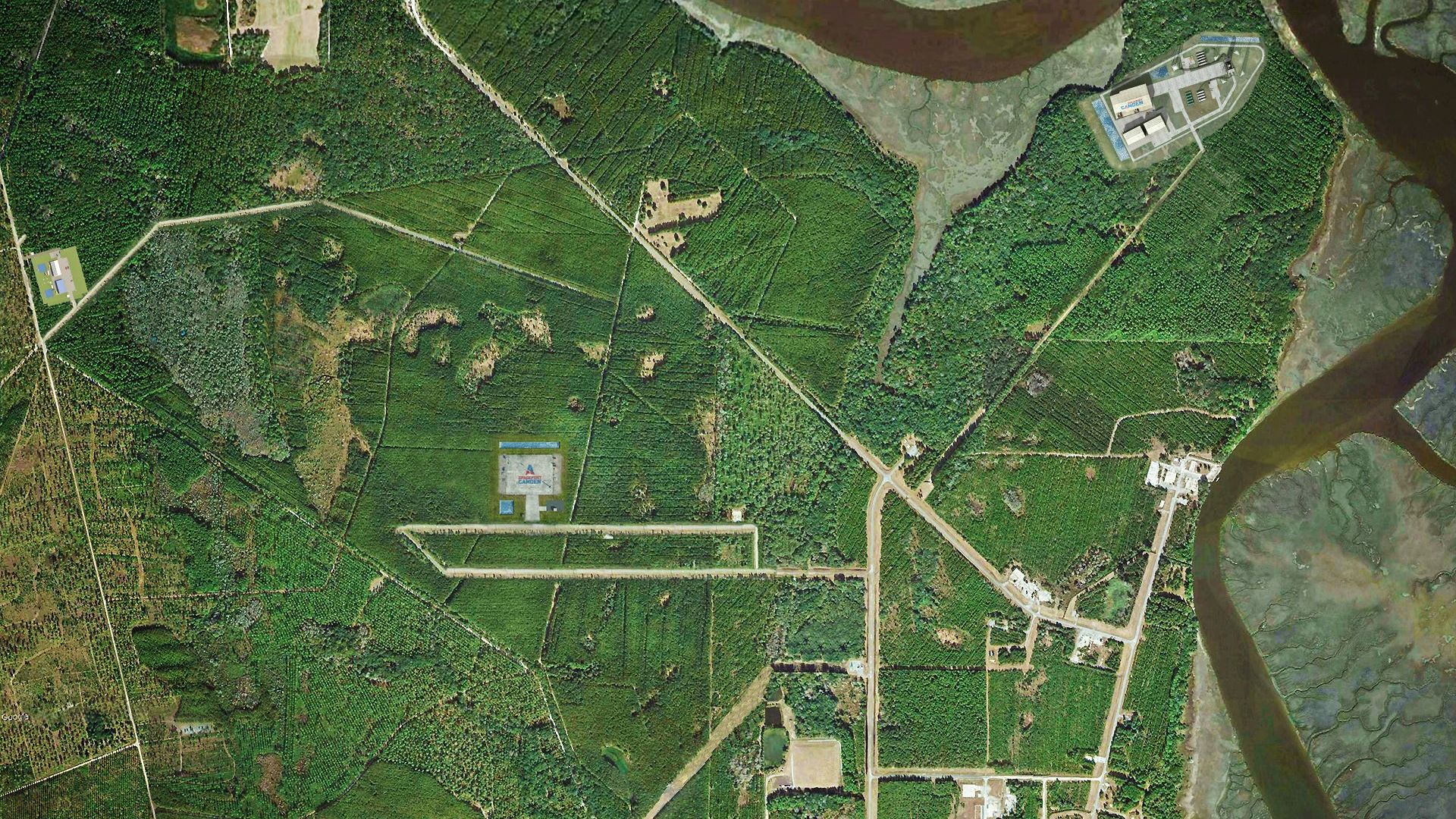 aerial view of spaceport rendering in the marsh