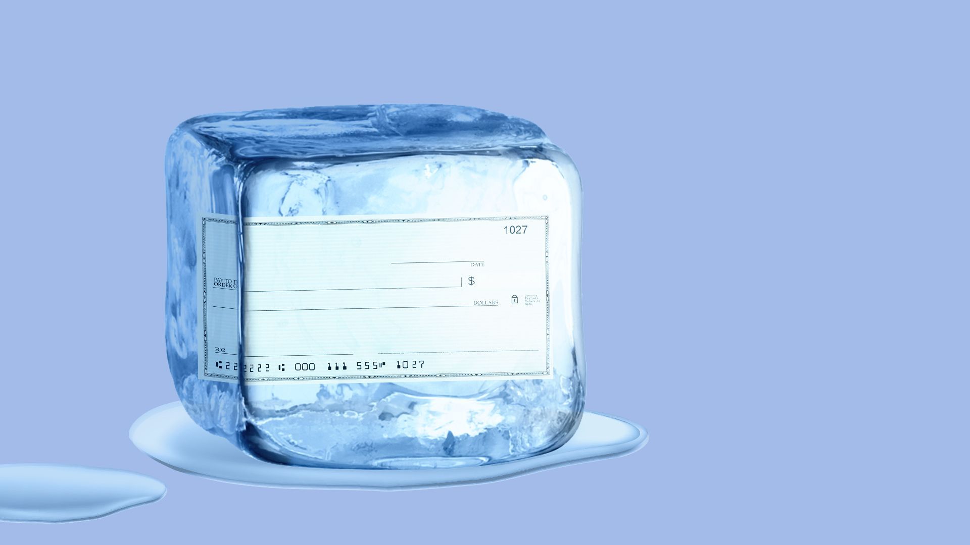 Illustration of a blank check in an ice cube.  