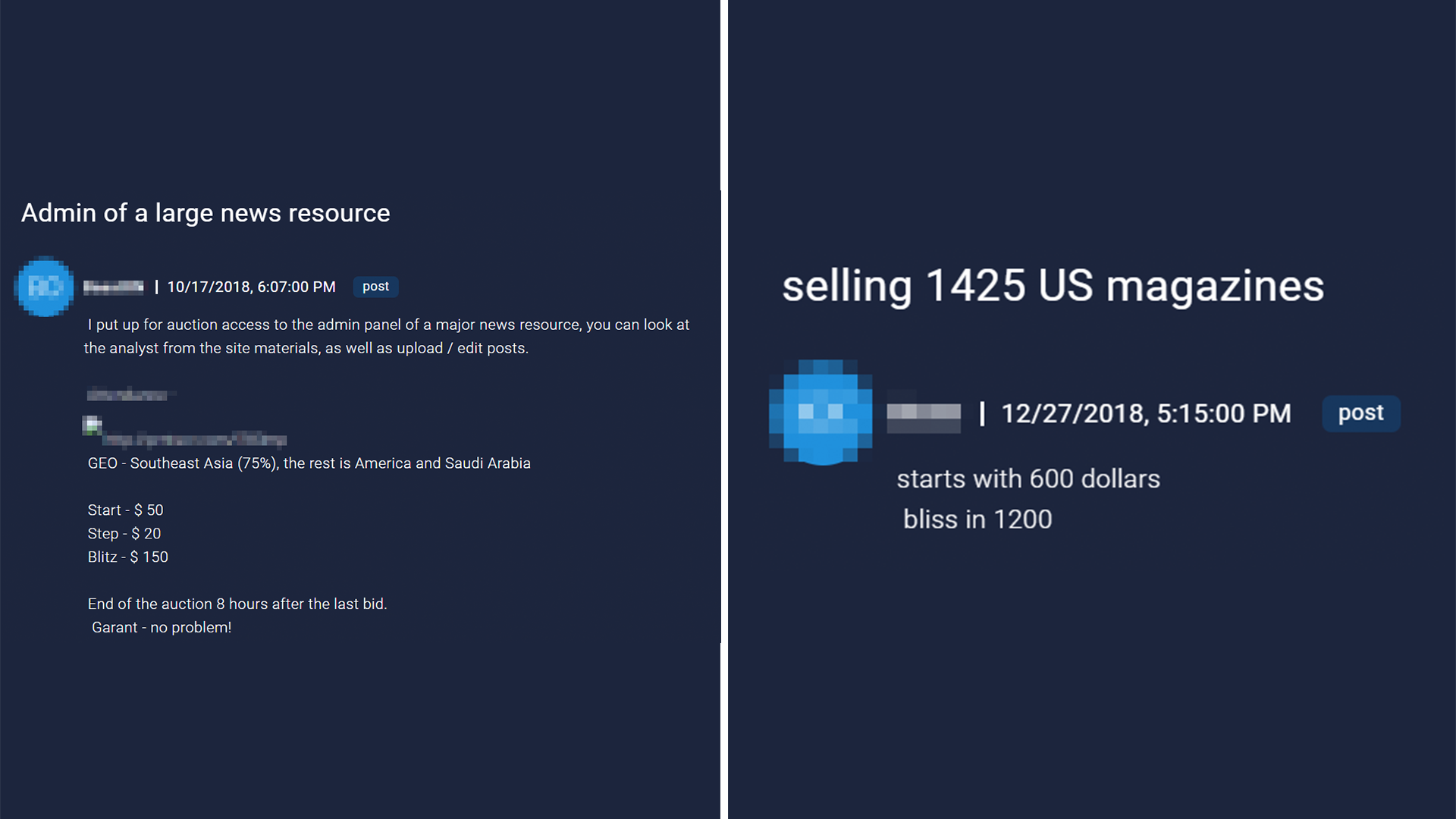 Screenshots of hackers' listings for sale of access to news site systems