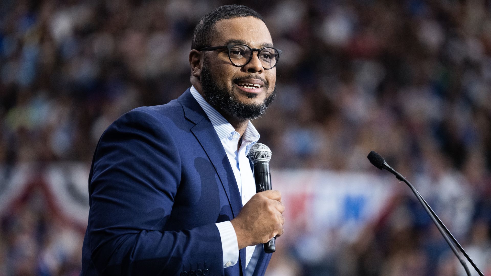 Pennsylvania Lt. Gov. Austin Davis speaks during a rally for Vice President Kamala Harris and her running mate Gov. Tim Walz in the Fitzgerald Field House at the University of Pittsburgh on Thursday, October 10, 2024. Former President Barack Obama headlined the event. (To