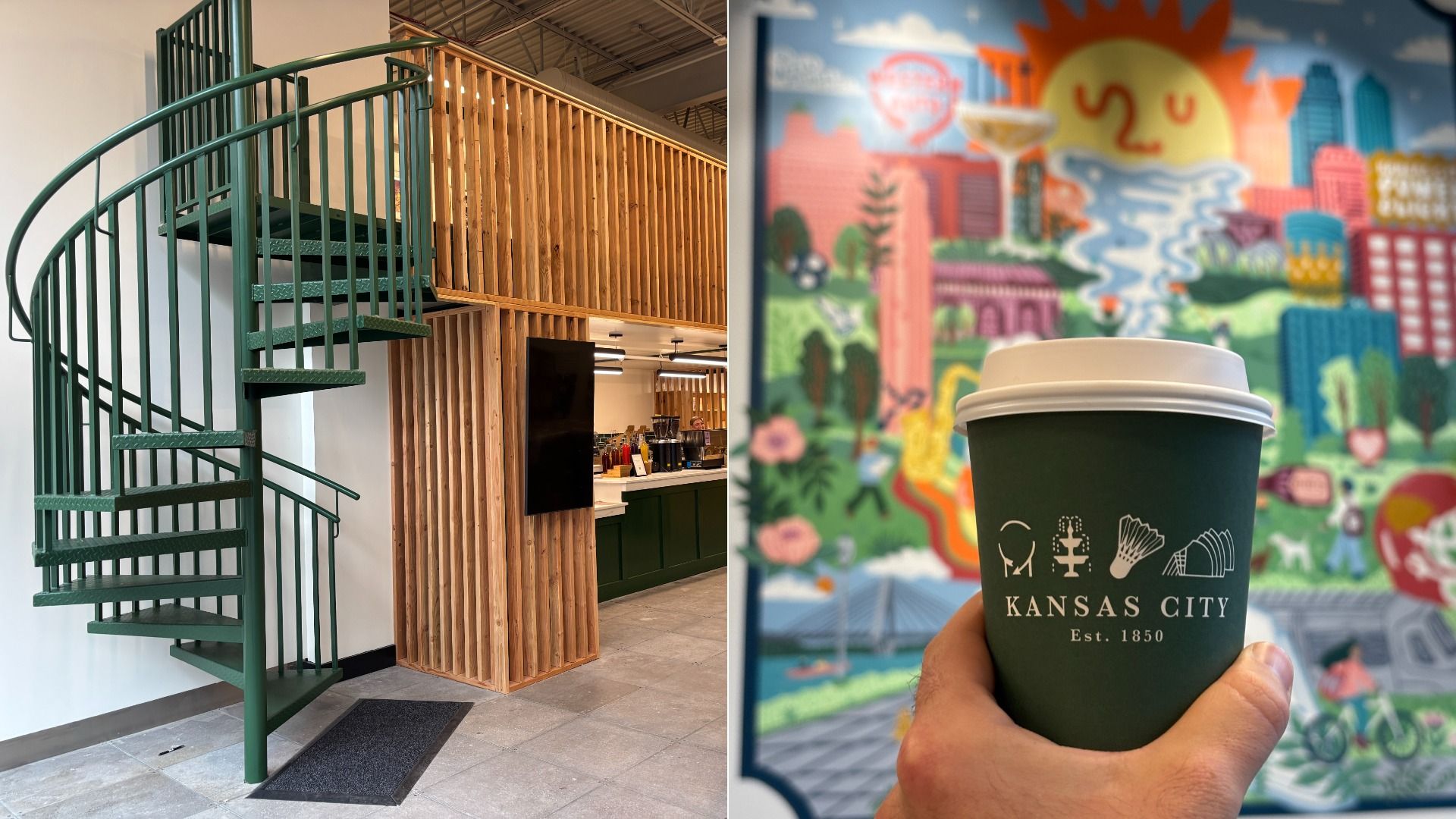 Split image: left shows a green metal spiral staircase beside a vertical wooden slat wall in a modern cafe. Right shows a hand holding a dark green cup with a white lid against a bright city mural.