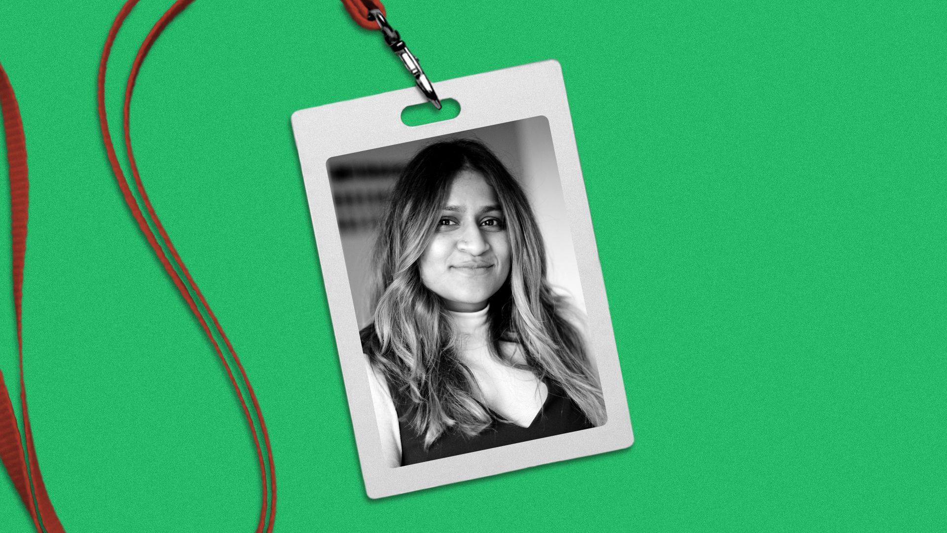 Photo illustration of Anna Joseph on a work ID badge and lanyard.