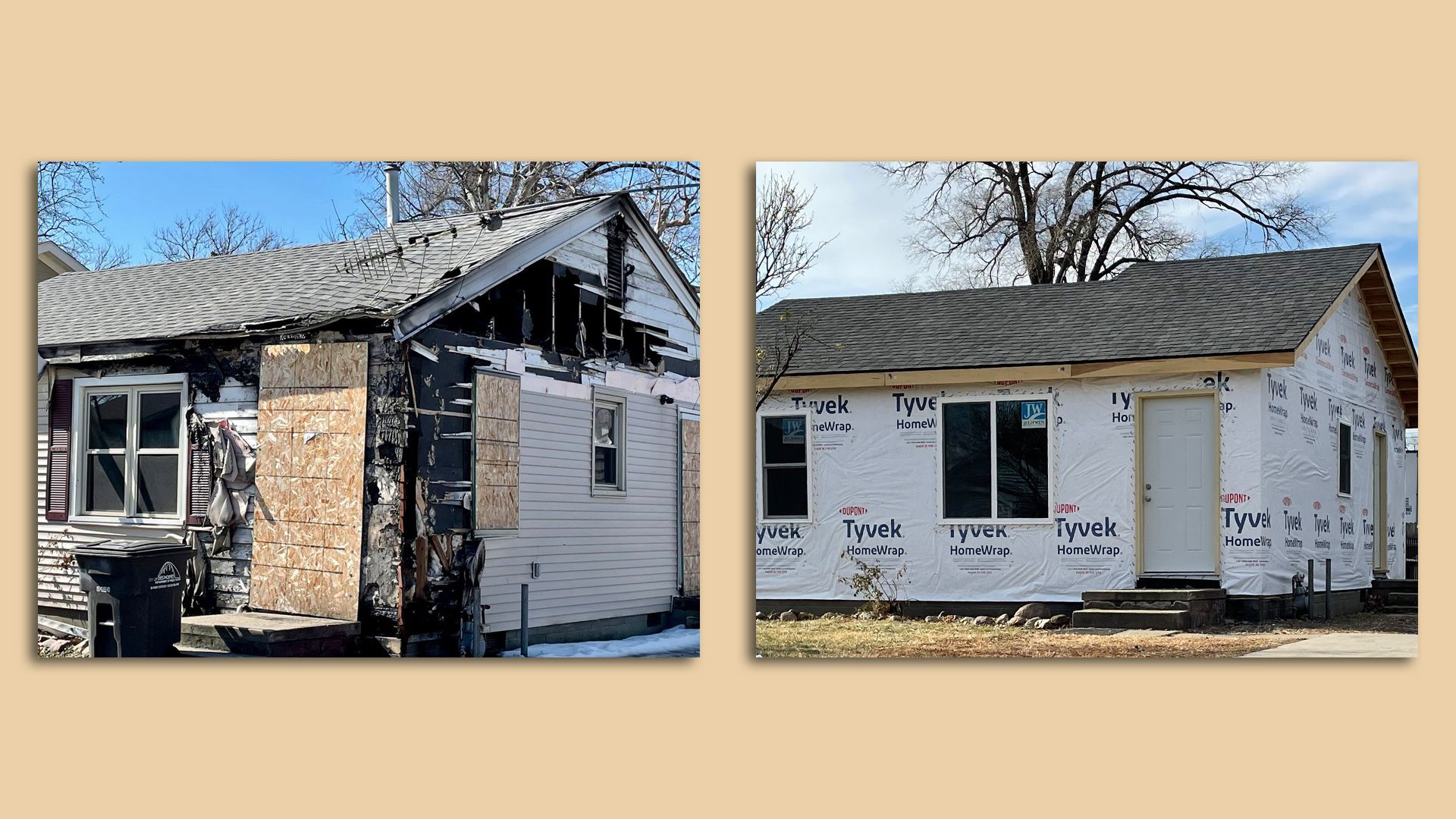 A photo of a fire-damaged home in Des Moines.