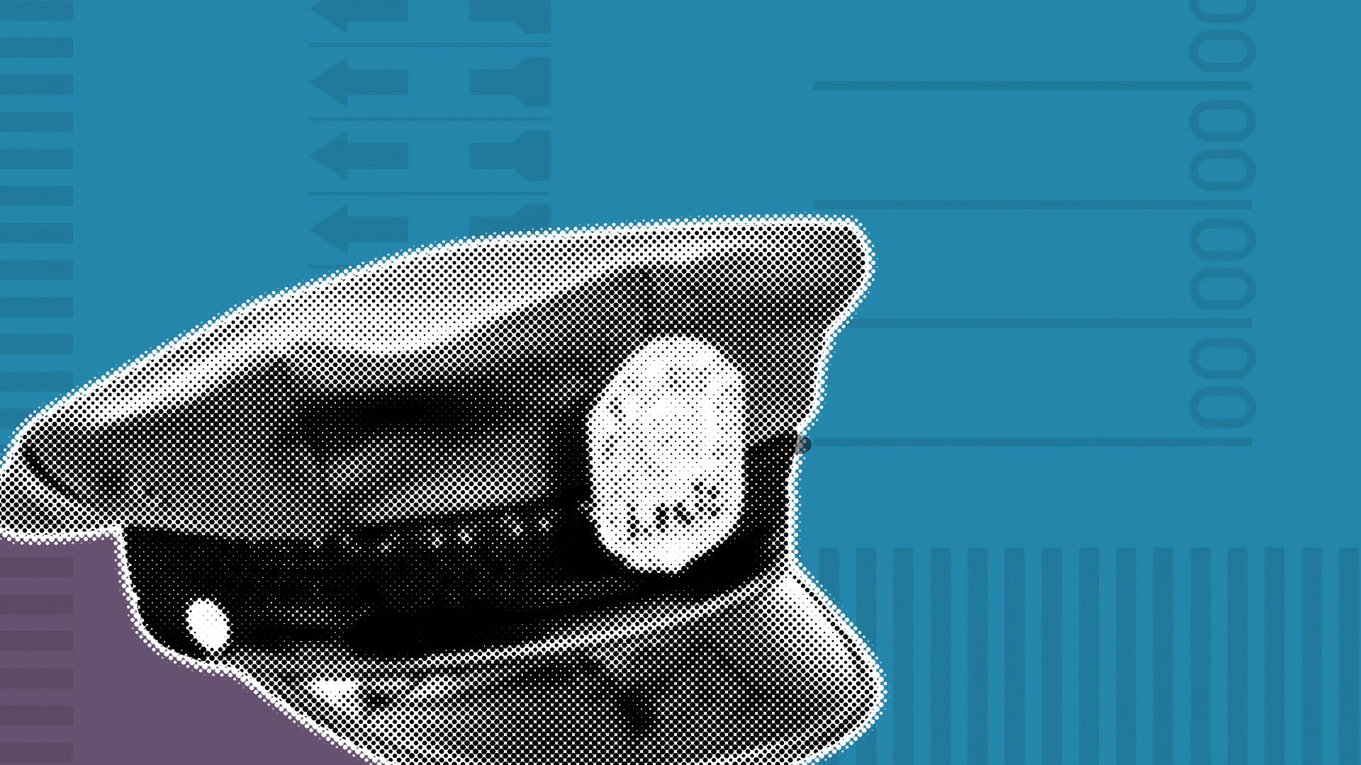 Illustration of a police hat over a blue and purple background with elements of ballots.