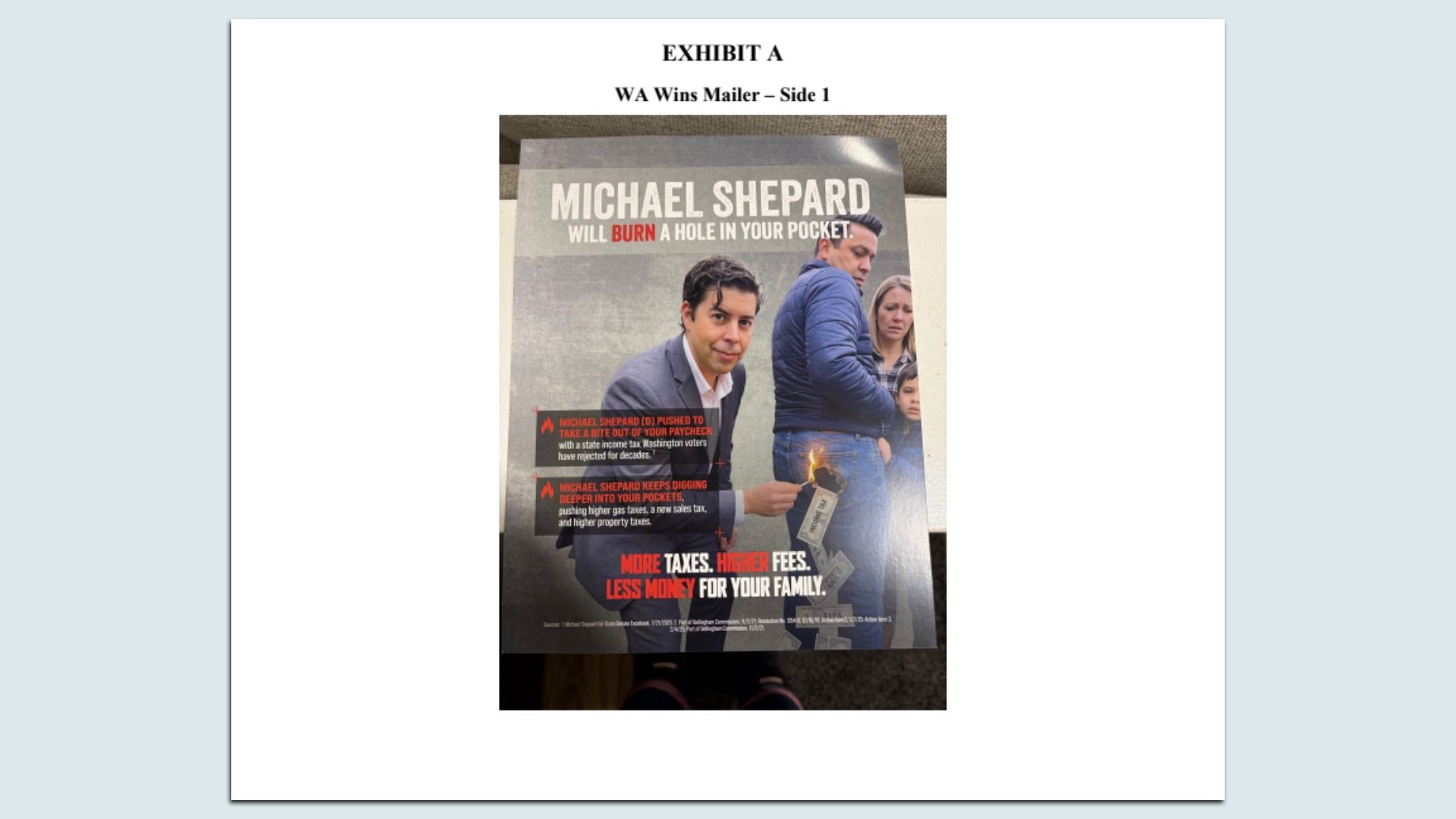 Exhibit A: political mailer poster for Michael Shepard; foreground man in a suit, others behind; large white headline "MICHAEL SHEPARD WILL BURN A HOLE IN YOUR POCKET" with red text about taxes.