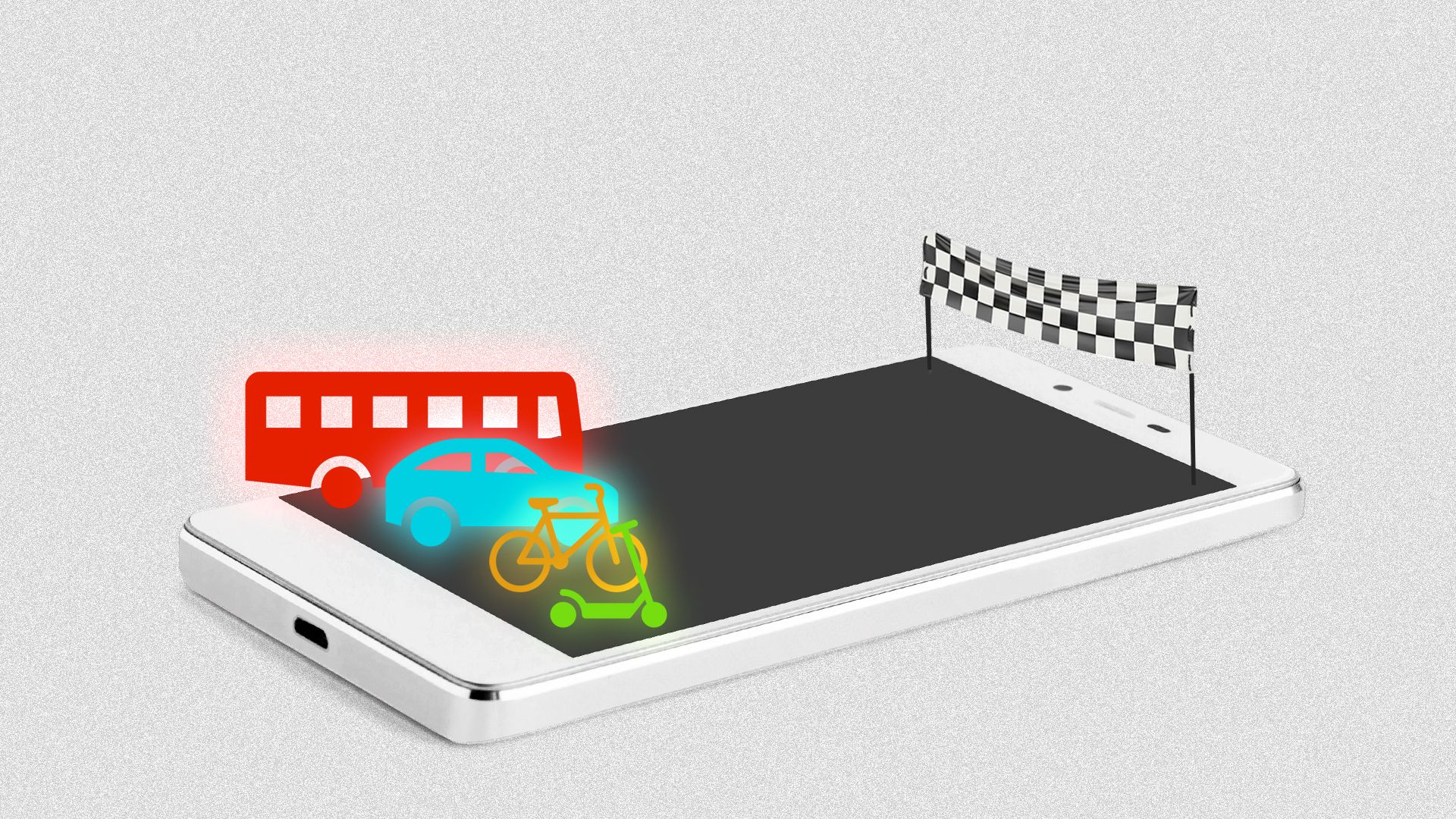 Illustration of a cellphone as a race track with a bus, a car, a bicycle and a scooter about to race. 