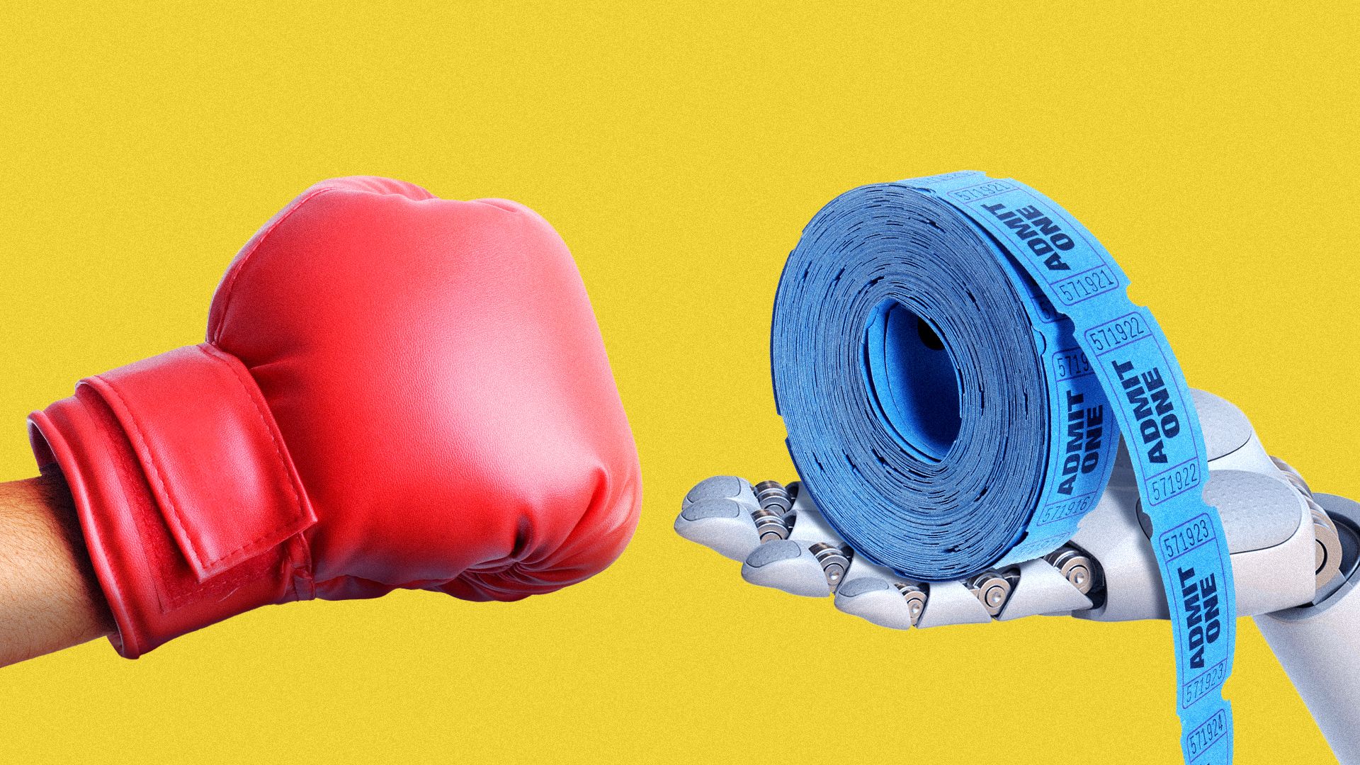 Illustration of a hand in a boxing glove versus a robot hand holding a roll of tickets.