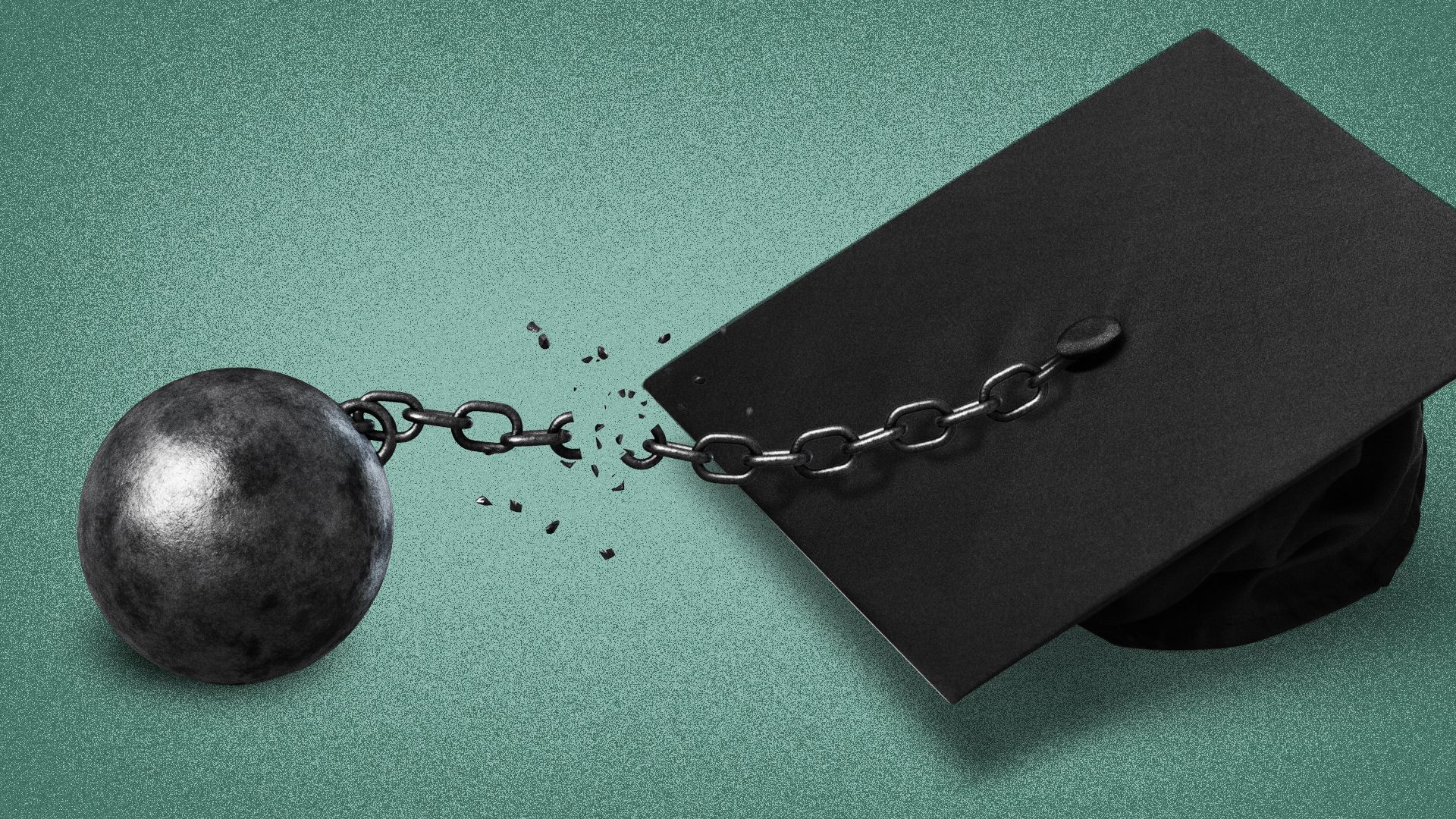 Illustration of a ball and chain replacing the tassel of a graduation cap, with the chains breaking.