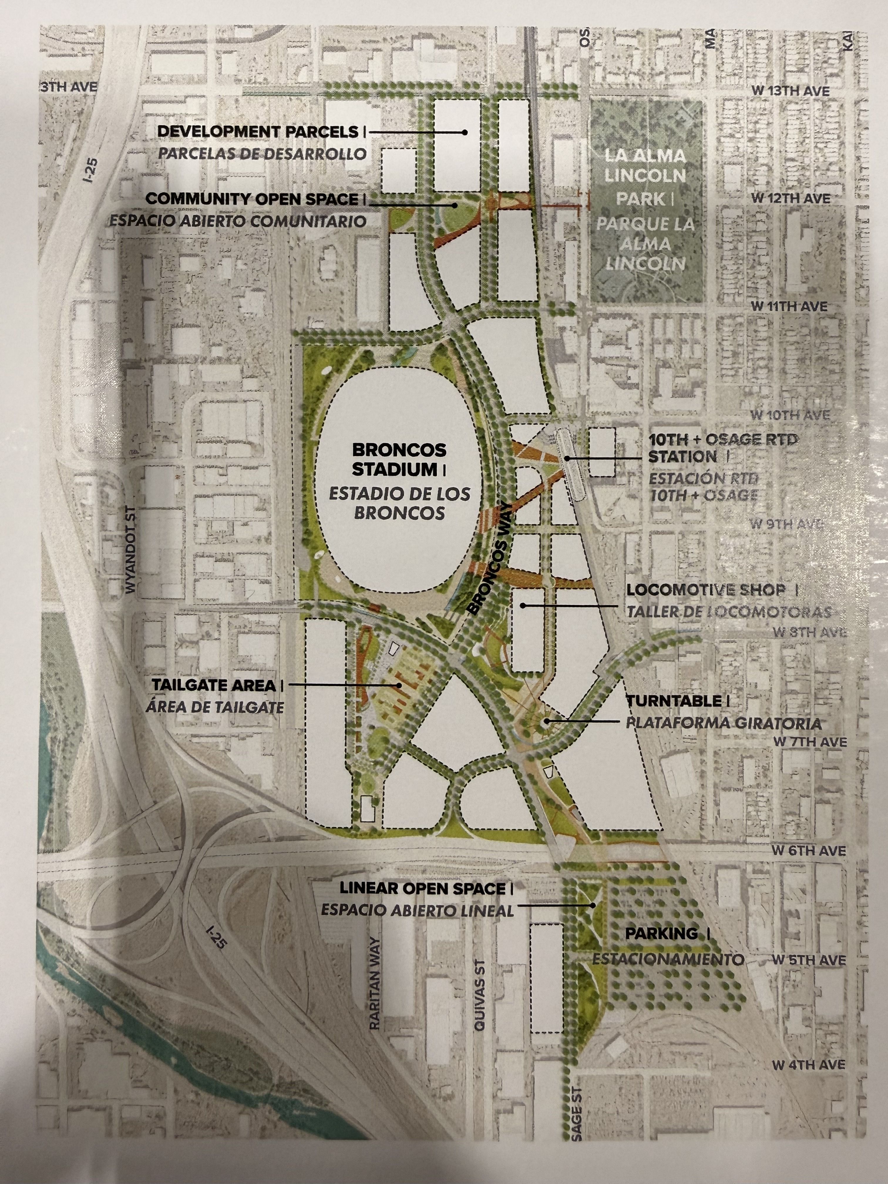Map showing Broncos Stadium and surrounding areas including development parcels, community open space, tailgate area, linear open space, parking, 10th + Osage RTD station, locomotive shop, and turntable.