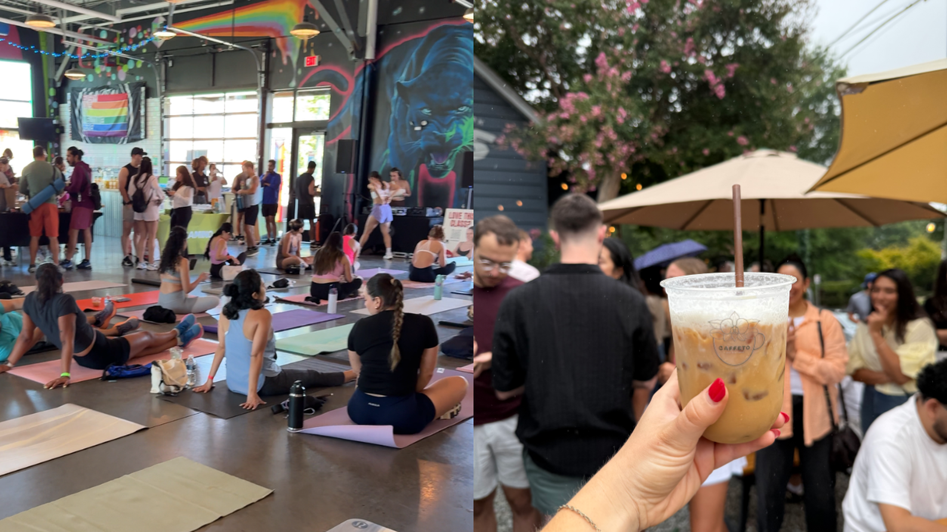 Indoor yoga class with people on mats near a colorful mural and rainbow flag. In the foreground, a hand with red nails holds an iced coffee cup outside by umbrellas and a crowd.