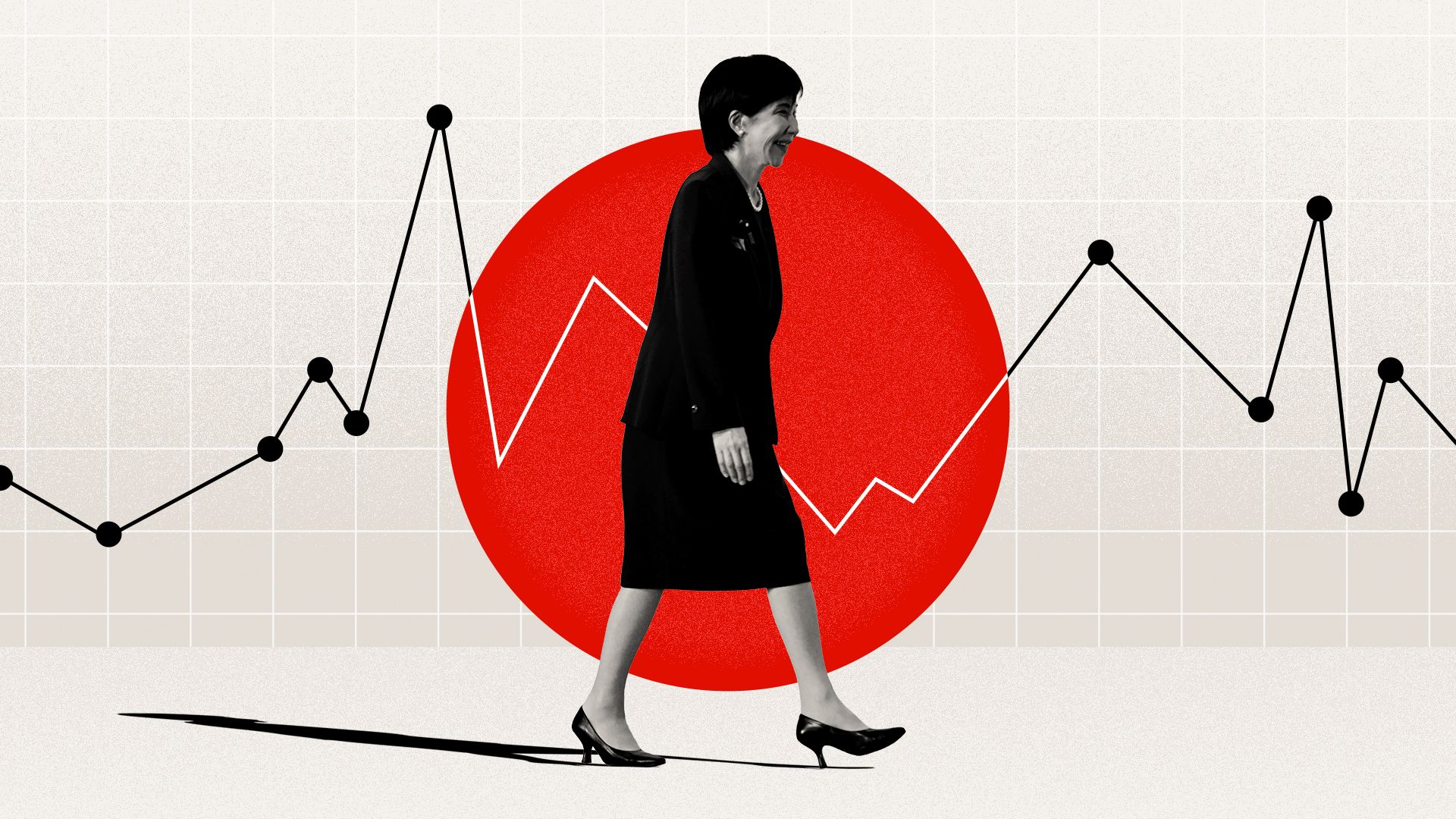 Photo illustration of Sanae Takaichi collaged with the flag of Japan and abstract shapes.