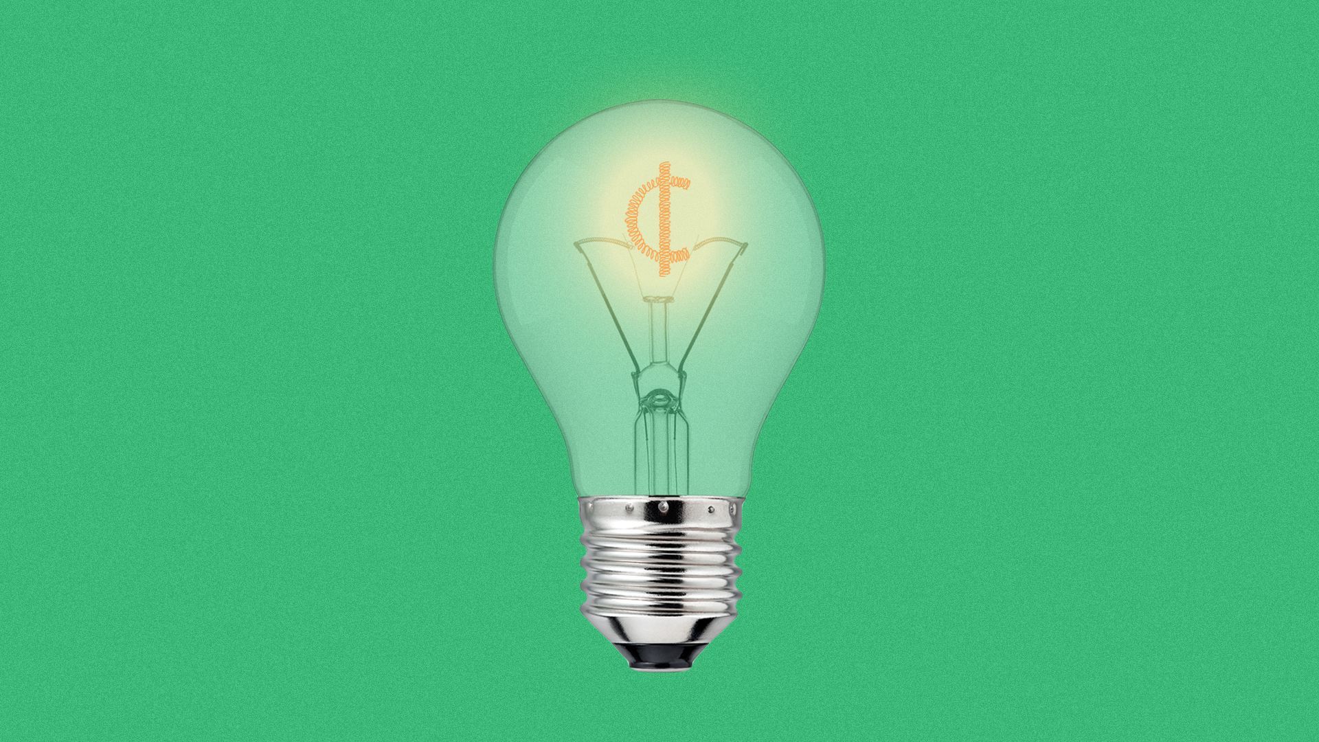 Illustration of a light bulb with the filament in the shape of a cent symbol.