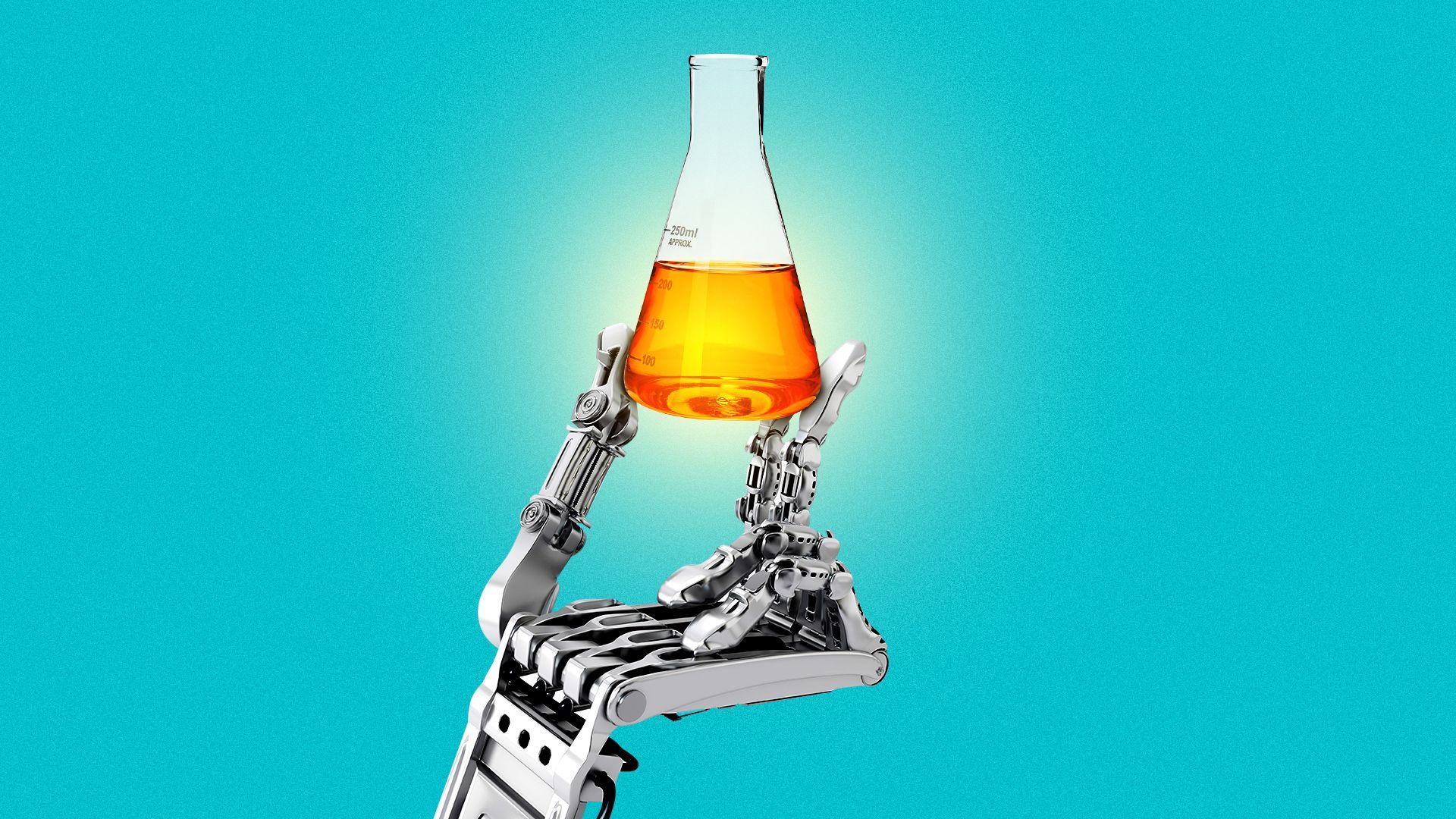 Illustration of a robot hand holding up a beaker to the light with a glowing liquid inside. 