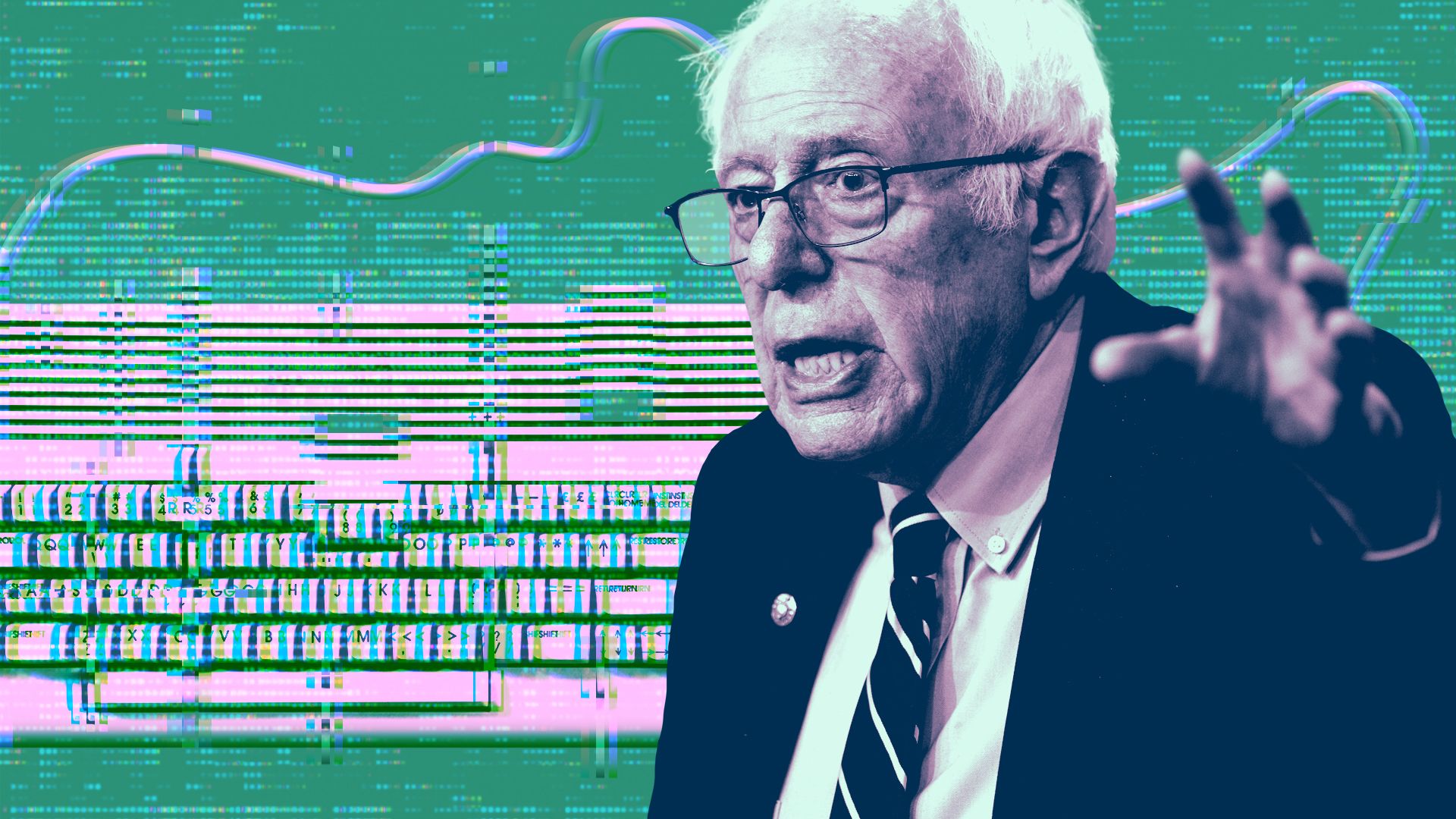 Photo illustration of Senator Bernie Sanders with a glitching keyboard in the background