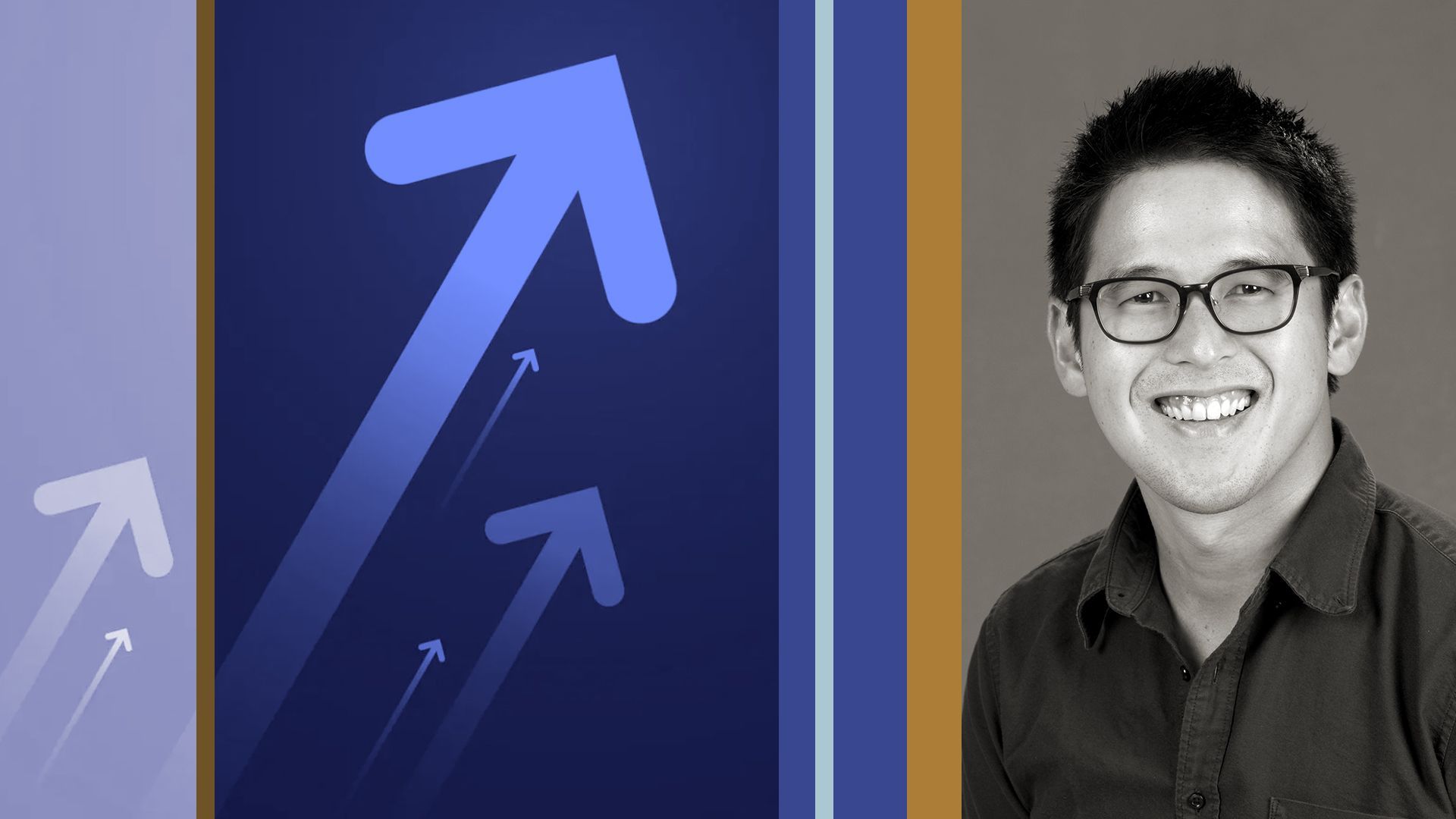 Photo illustration of TX Zhou, general partner at Fika Ventures, with upward arrows and abstract shapes.